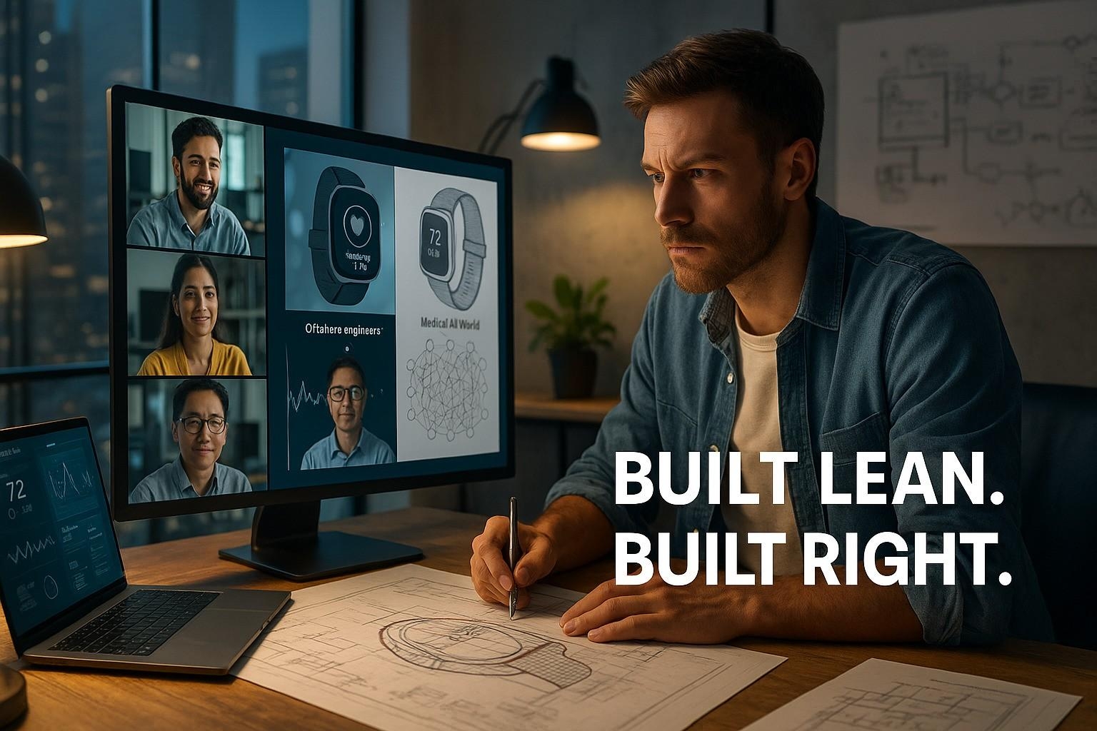 A founder collaborates remotely on MedTech product design, emphasizing lean and efficient development.