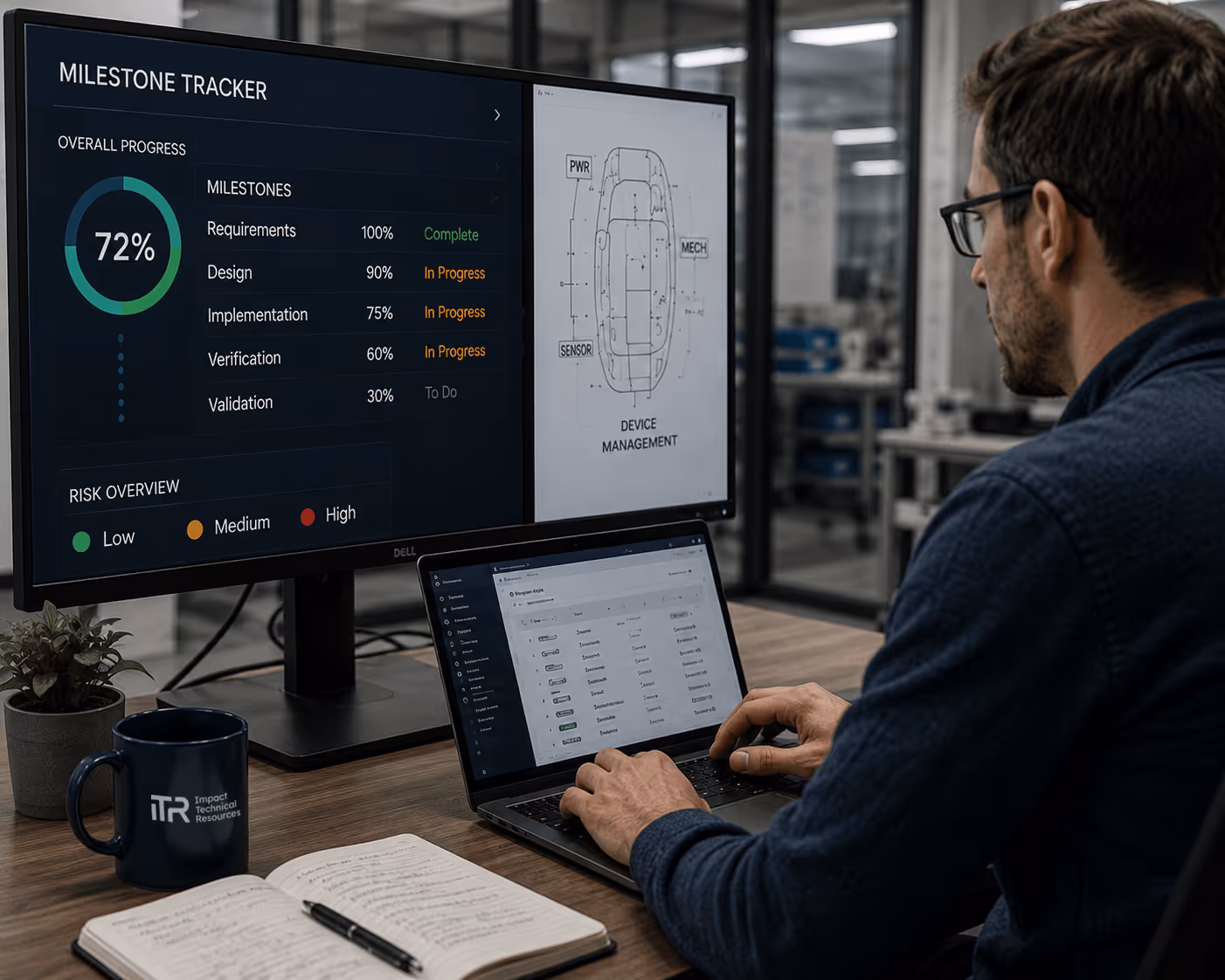 Project manager monitoring a milestone tracker on a large screen while working at a desk with a laptop, notebook, and medtech device schematic on a second display.