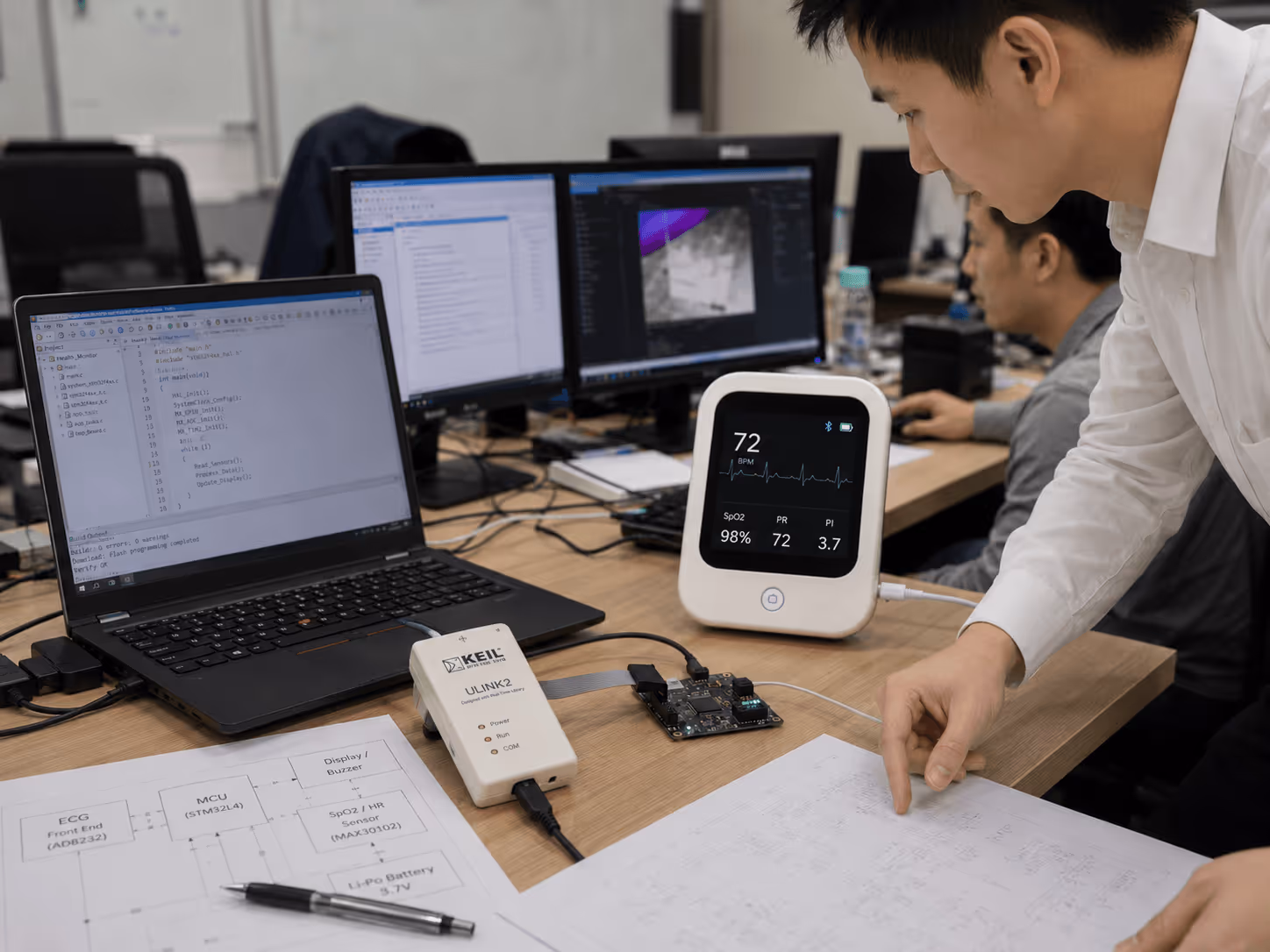 Engineer in a lab using a laptop and development board to test a bedside ECG monitor device, with schematics and embedded debug tools laid out on the desk.