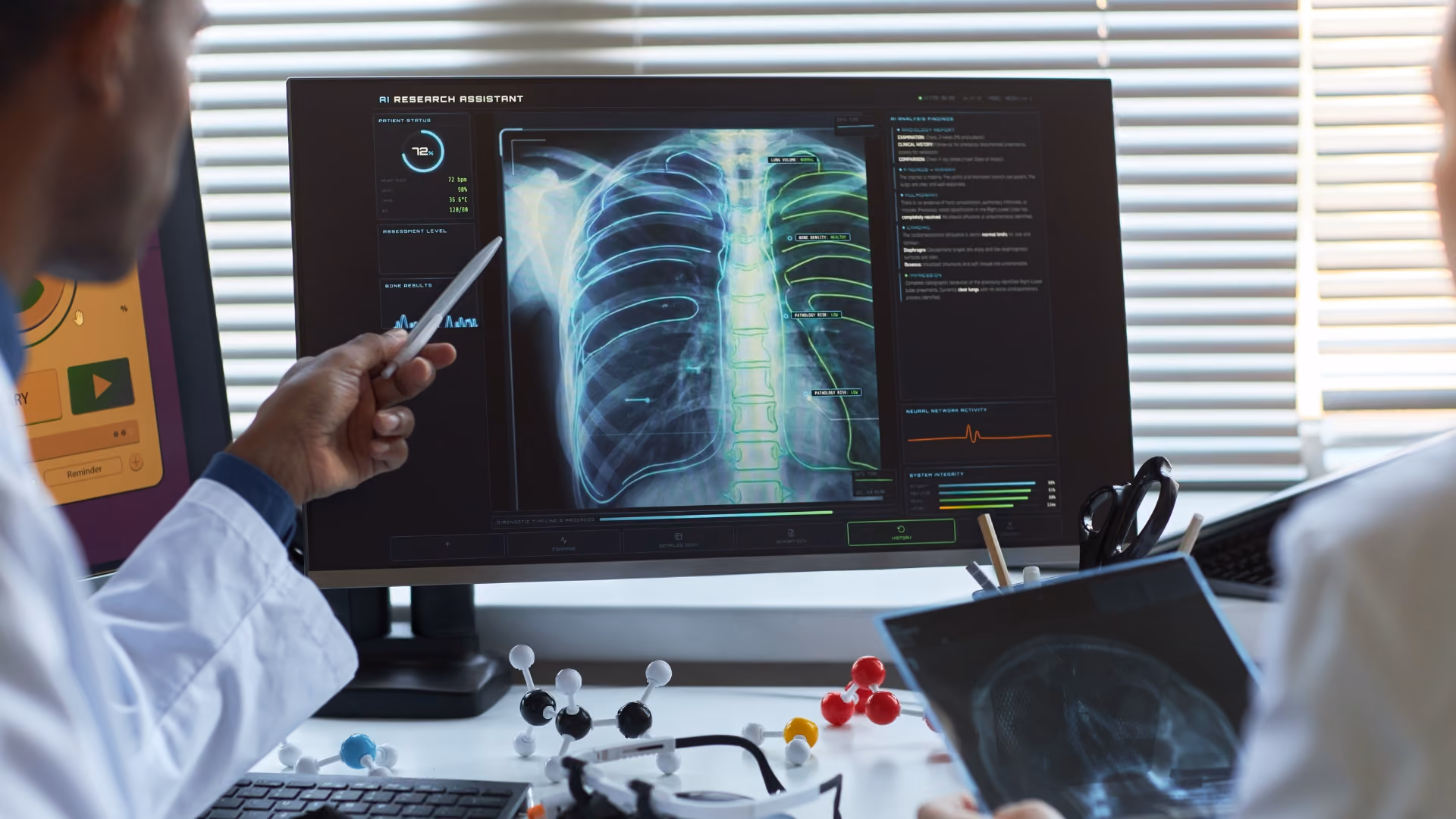 Clinicians reviewing AI-enabled medical imaging diagnostics on a monitor with lung X-ray and decision-support dashboard in a MedTech workflow.