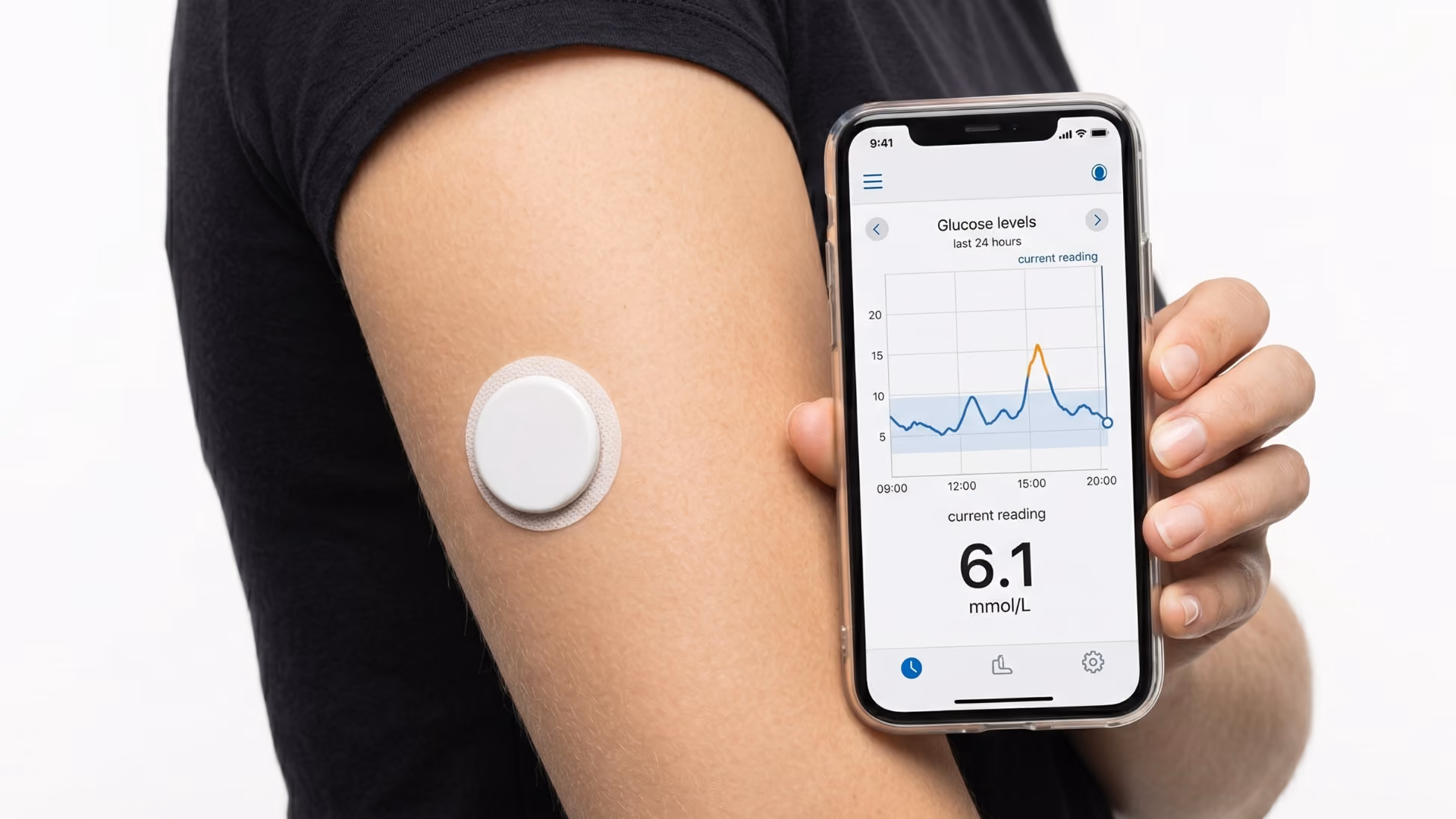 Wearable biosensor patch and smartphone app displaying continuous glucose monitoring data for MedTech remote chronic disease management.