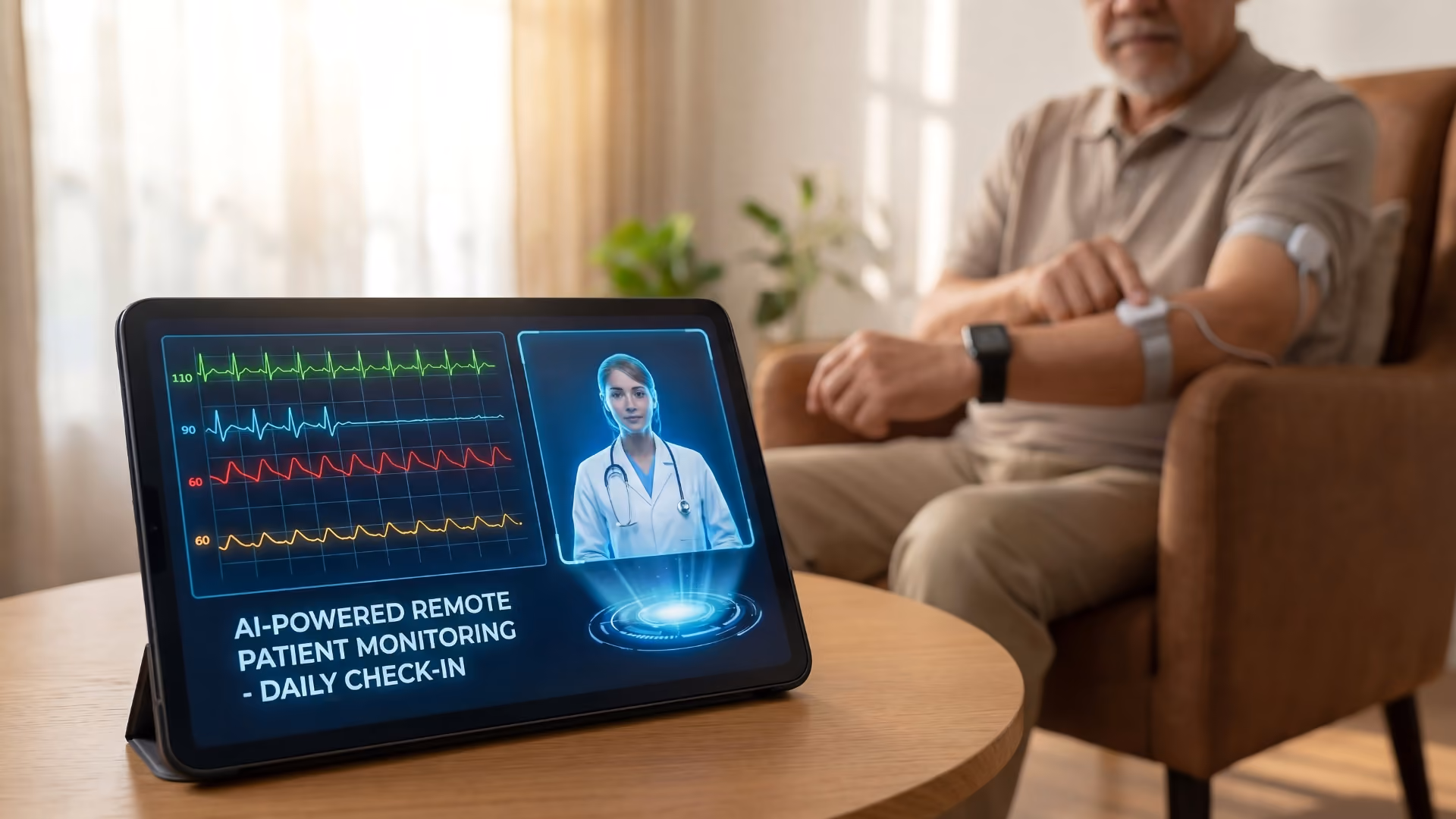 Elderly patient using connected vitals device at home while AI-powered remote patient monitoring dashboard runs on a tablet.