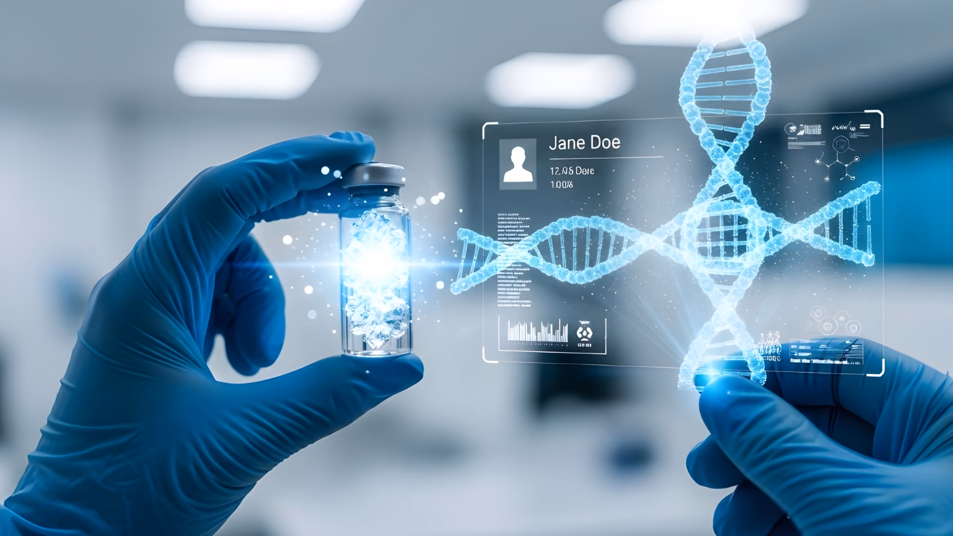 Gloved hands holding a vial and holographic DNA interface illustrating personalized therapeutics and genomic medicine data visualization.