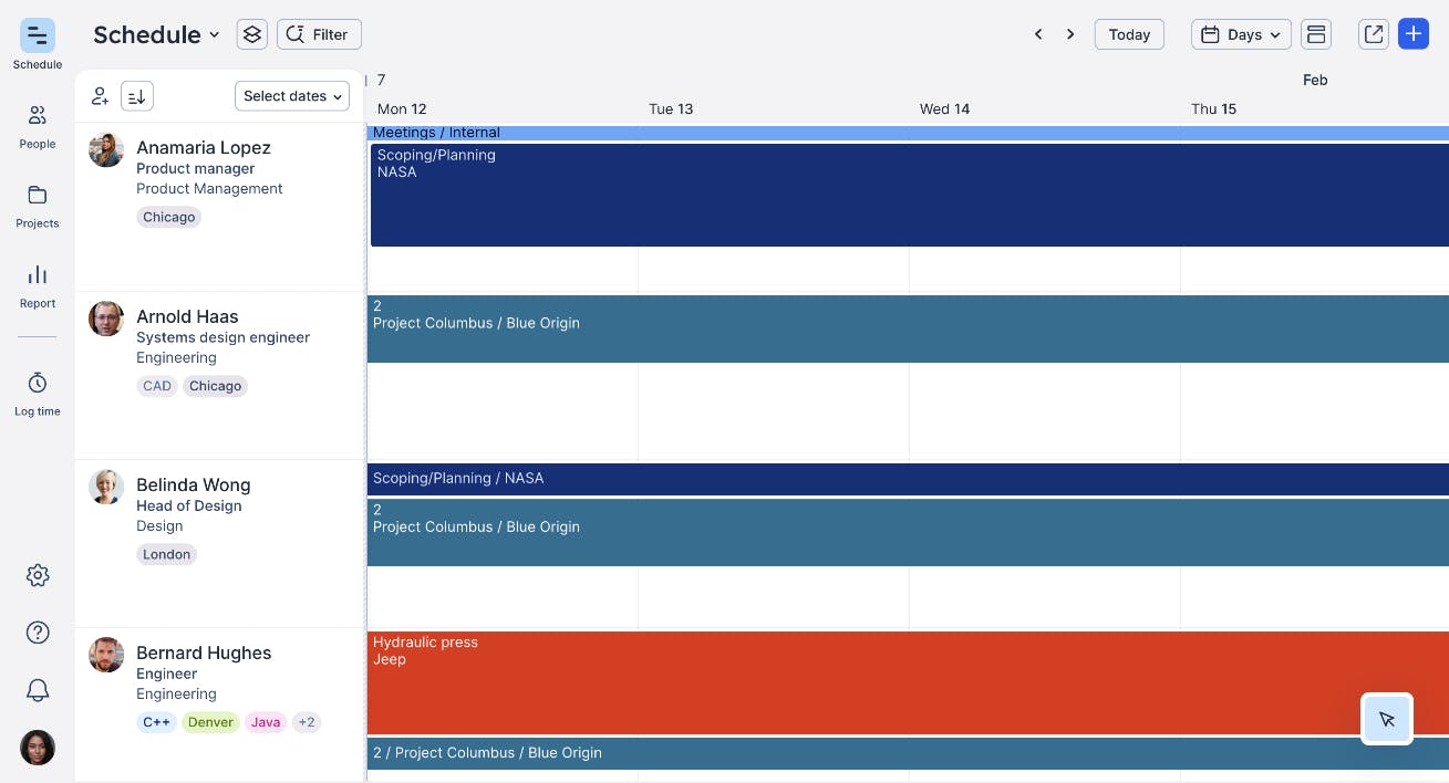 Float schedule with team allocations