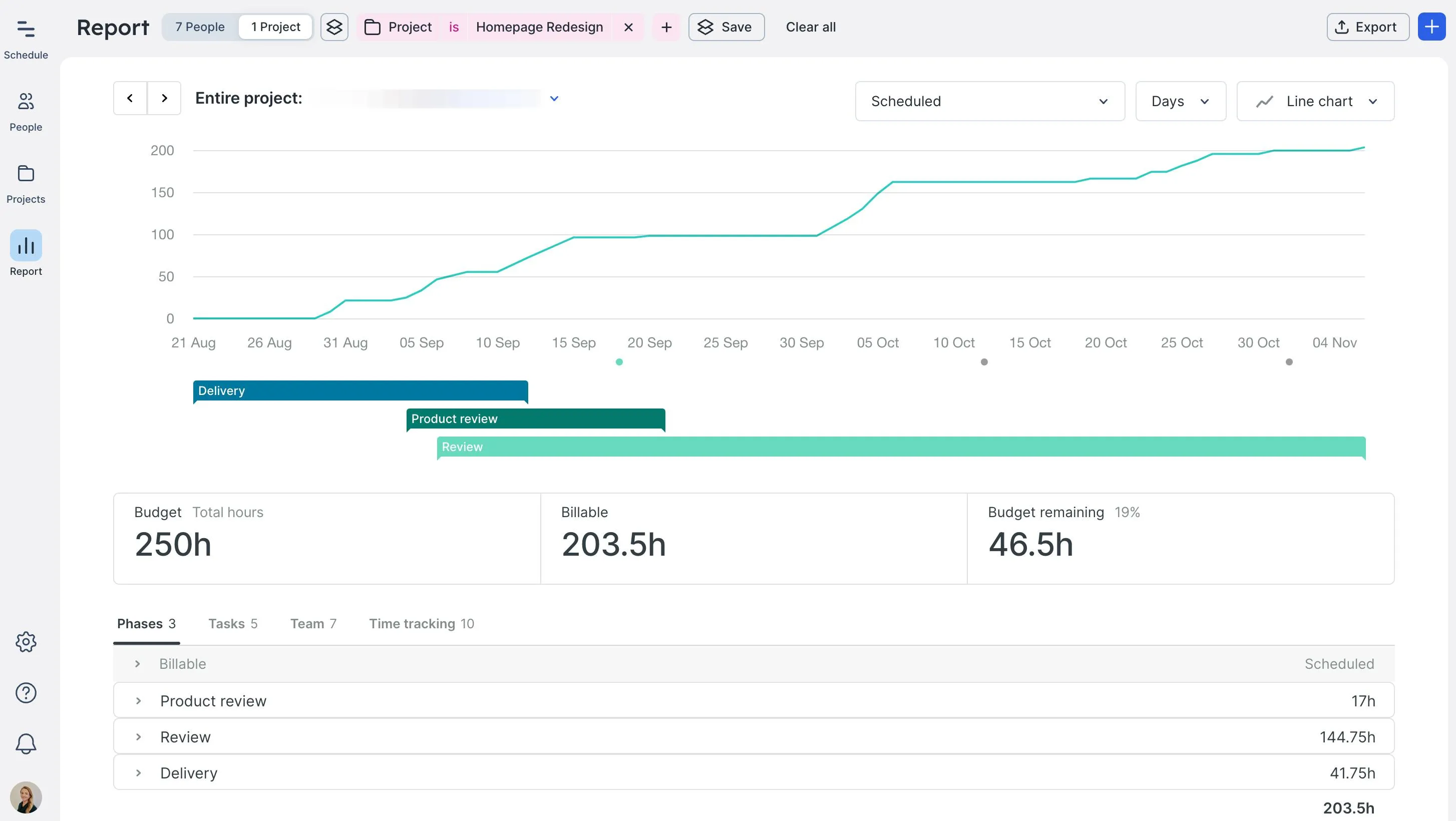 View of project budgets in the Report dashboard in 鶹.