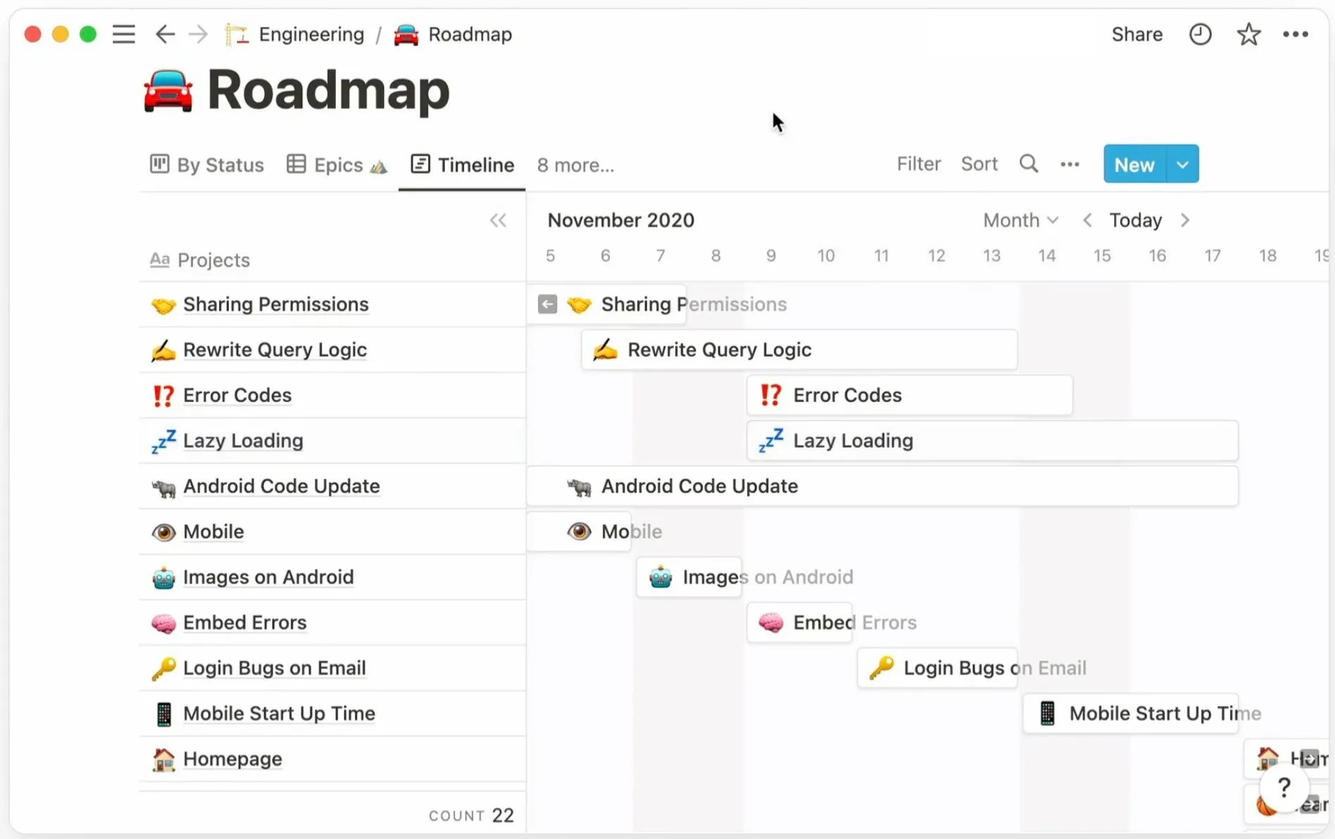 Notion's timeline template