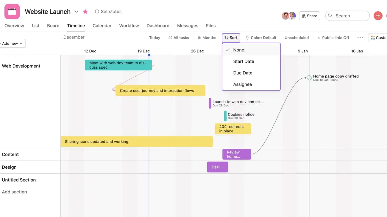 Project timeline template in Asana