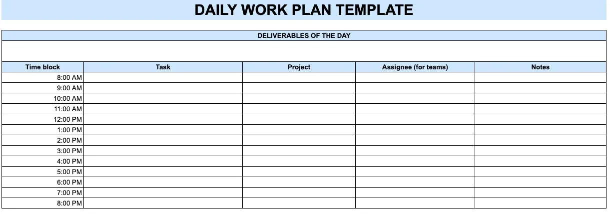 screenshot of a daily work plan template organized by time slots