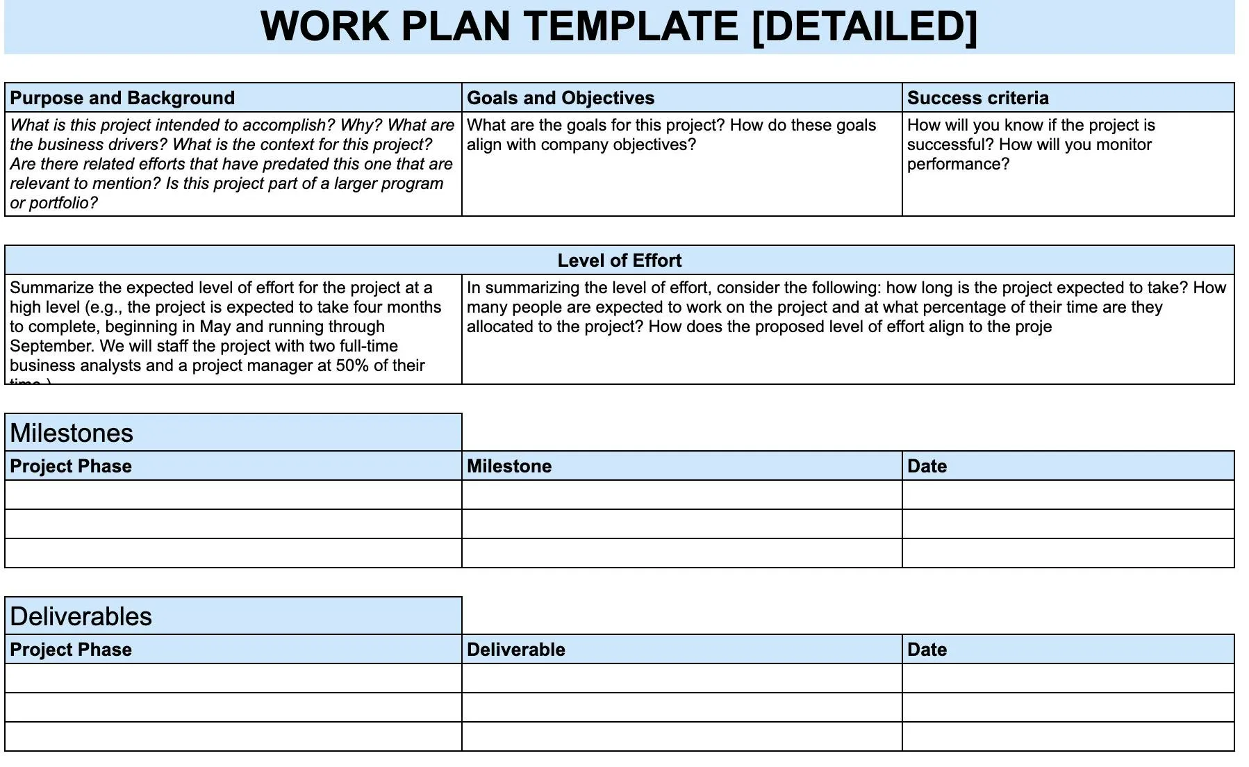 screenshot of a work plan template in spreadsheet format
