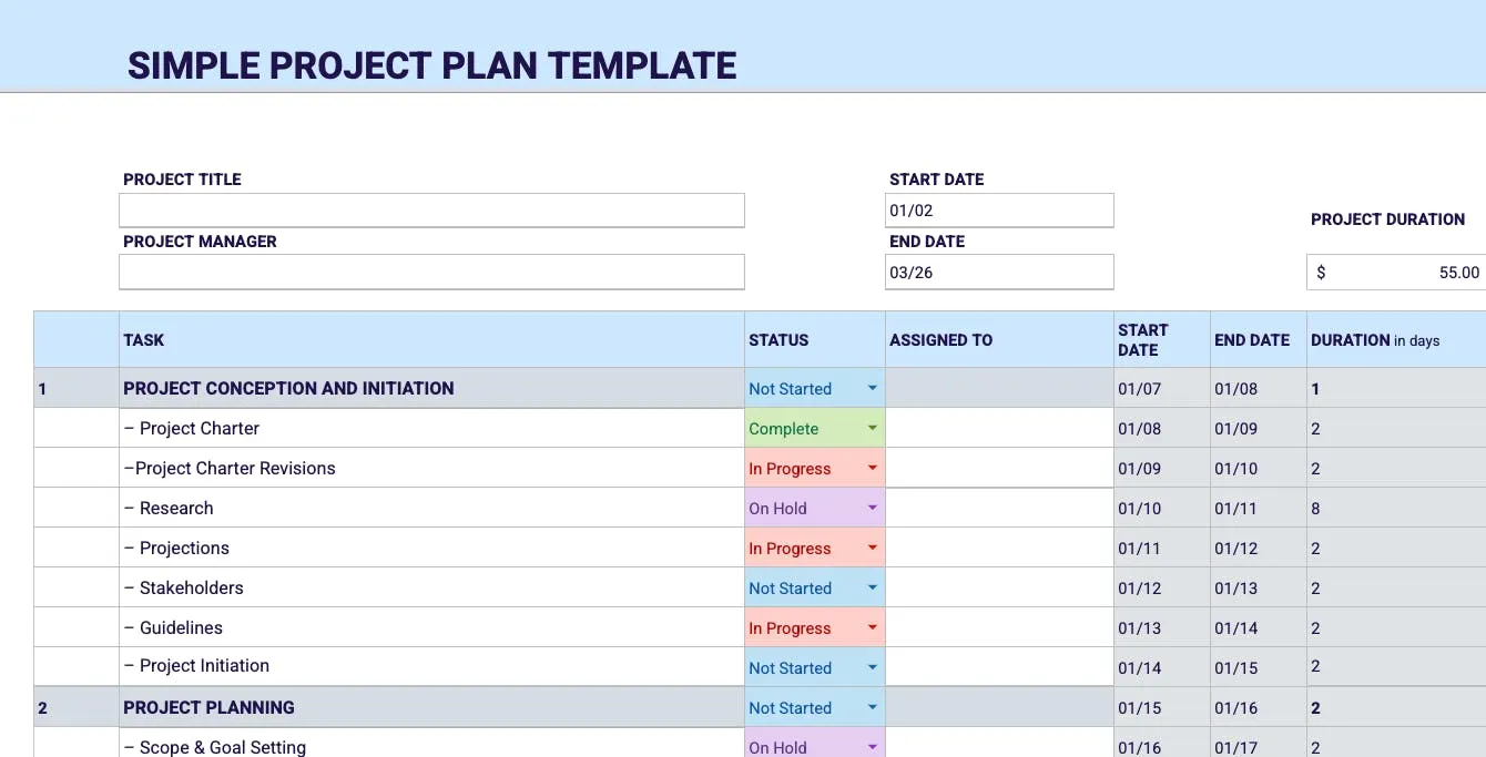 Simple project plan template