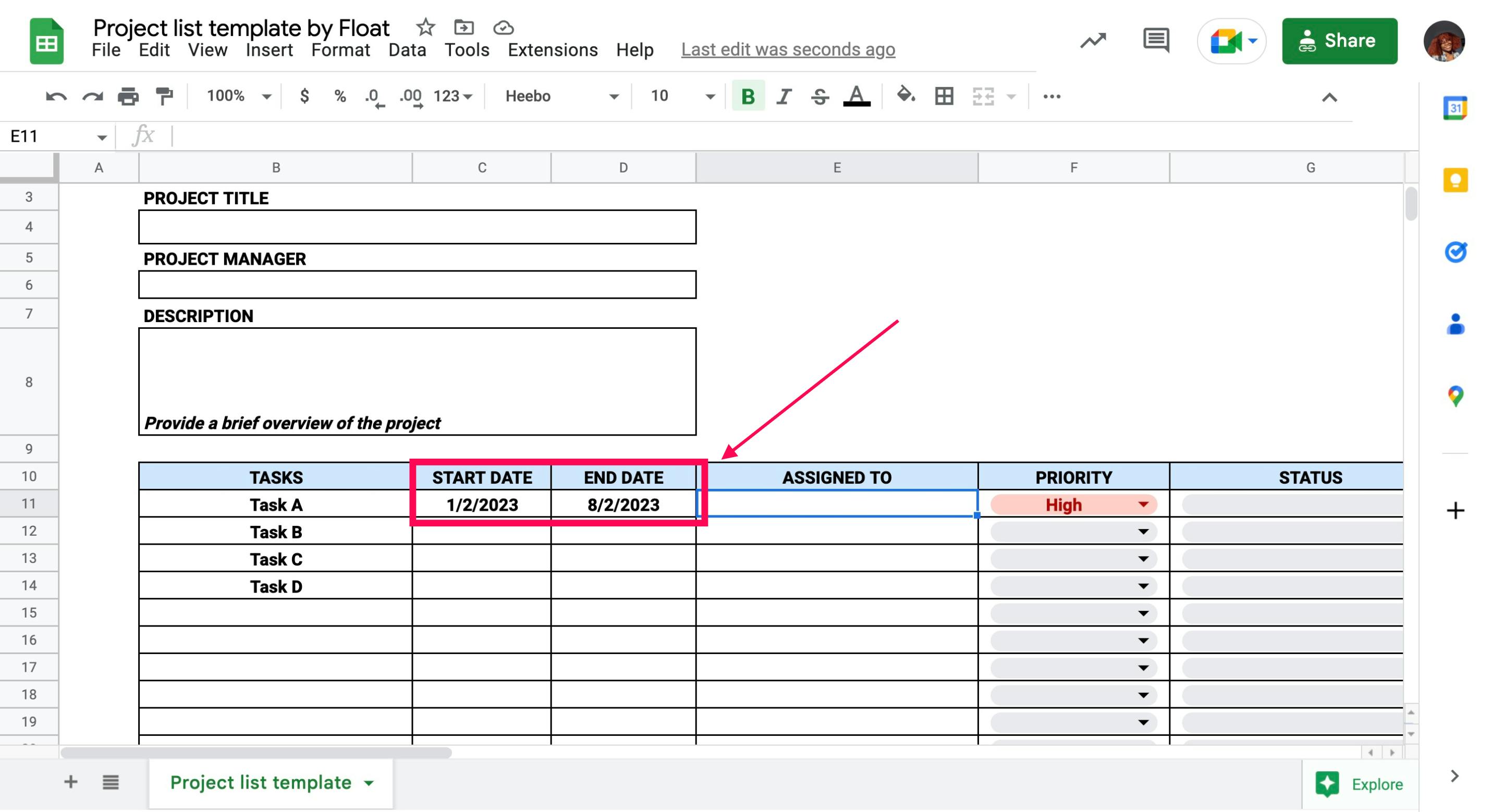 A project list with set start and end dates 