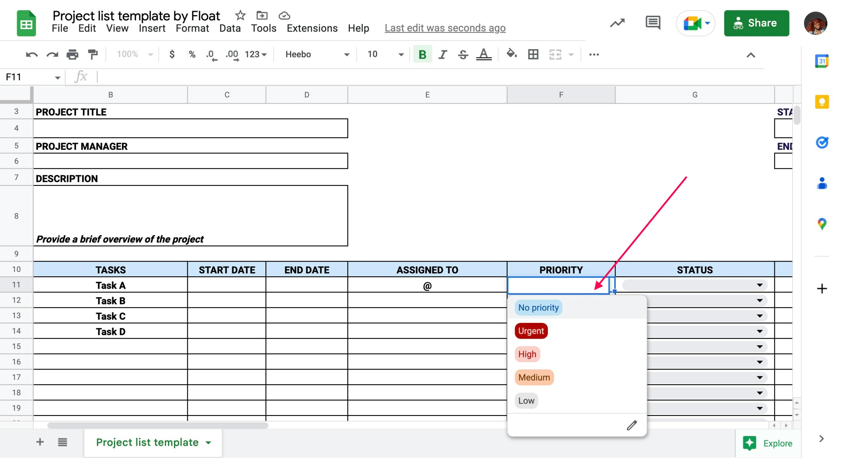 A project list with priority levels for each task labelled "no priority", "urgent", "high", "medium", "low"