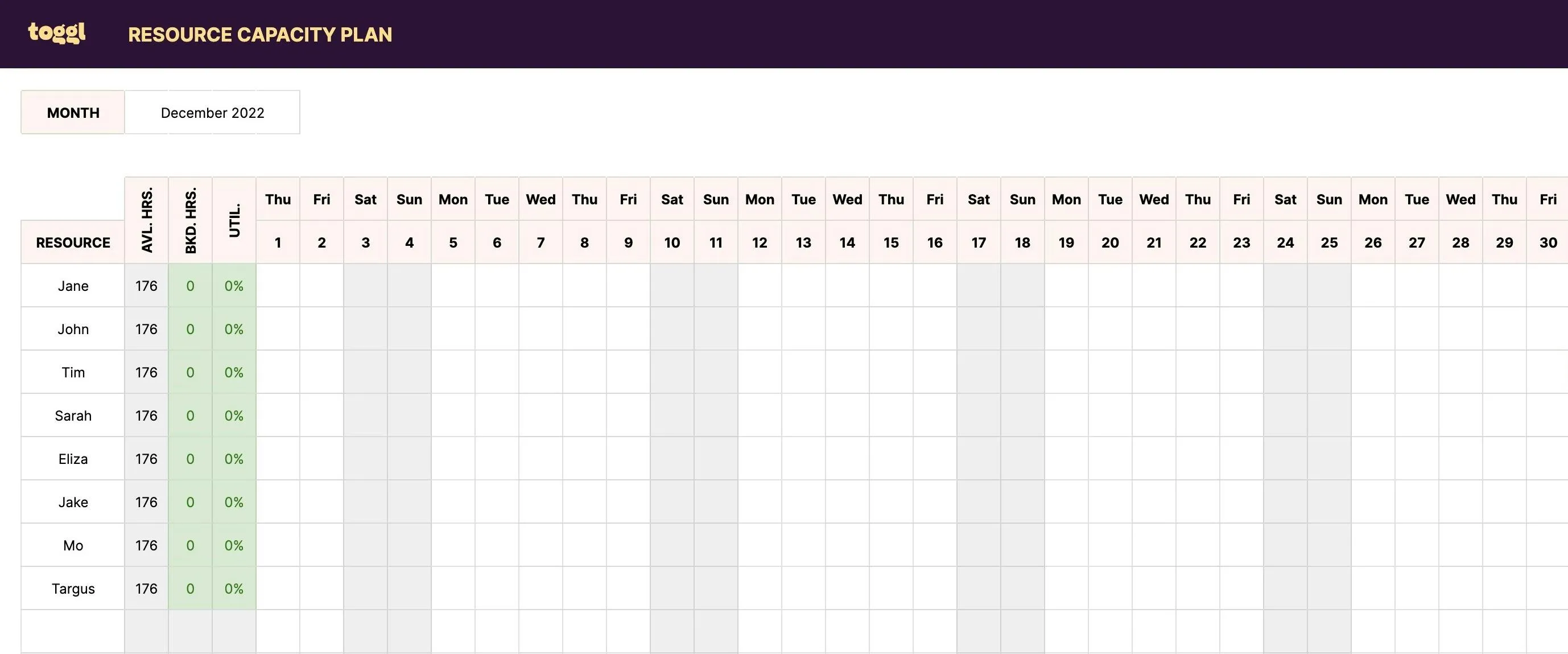 Screenshot of Toggl's resource capacity plan template