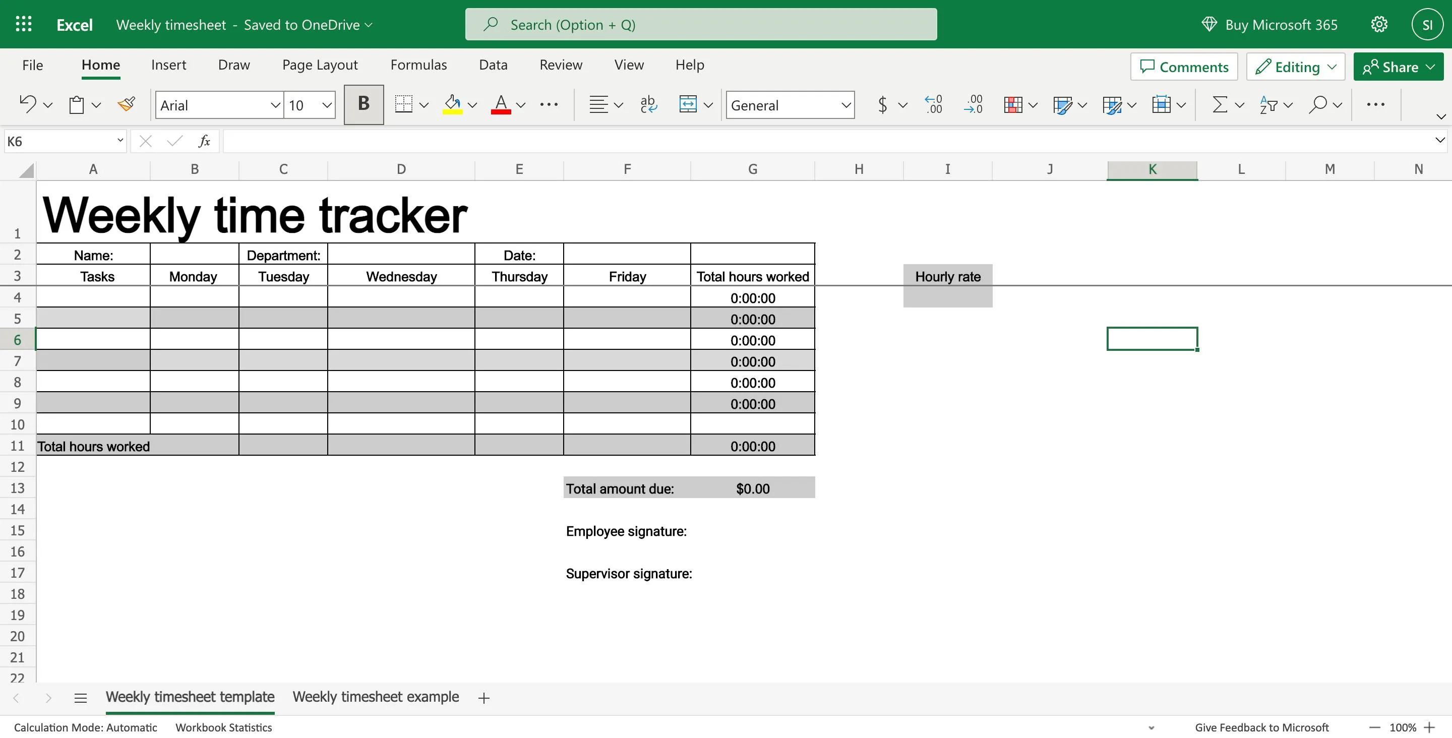 Weekly timesheet with categories like days, tasks, work hours and start/end time.