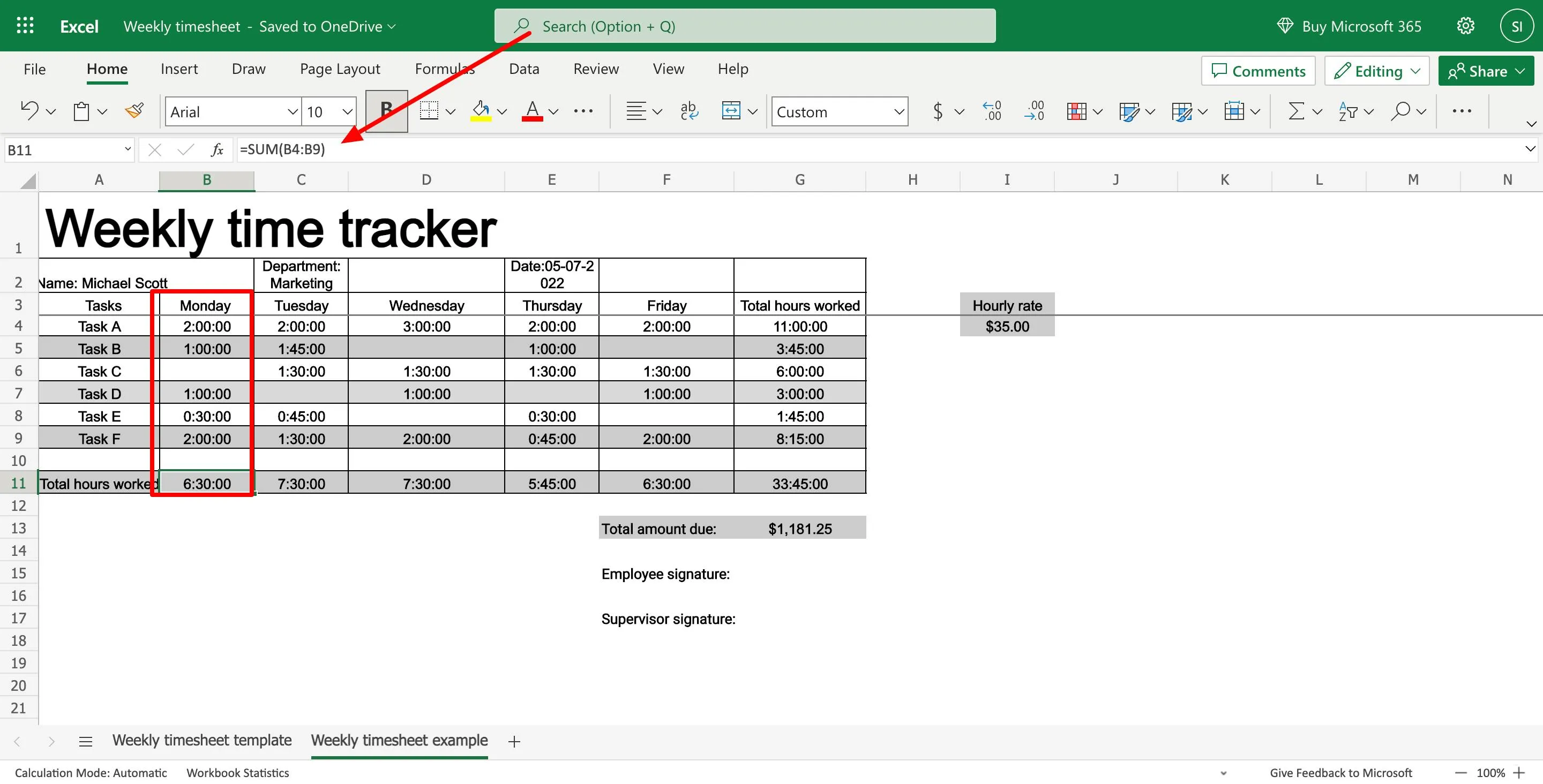 Weekly timesheet with formulas