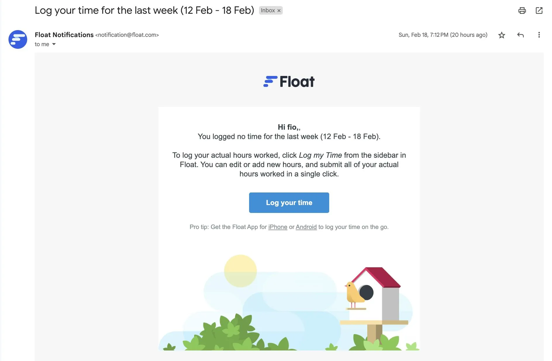 The weekly timesheet log reminder that Float sends when users haven't logged their previous week's time.