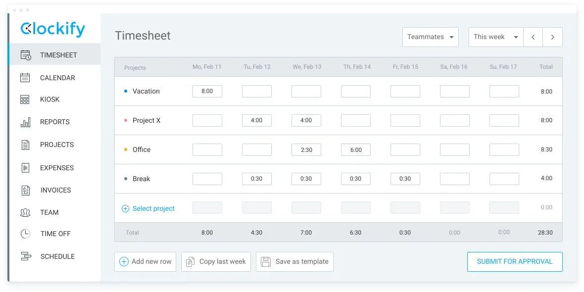 Timesheets in Clockify
