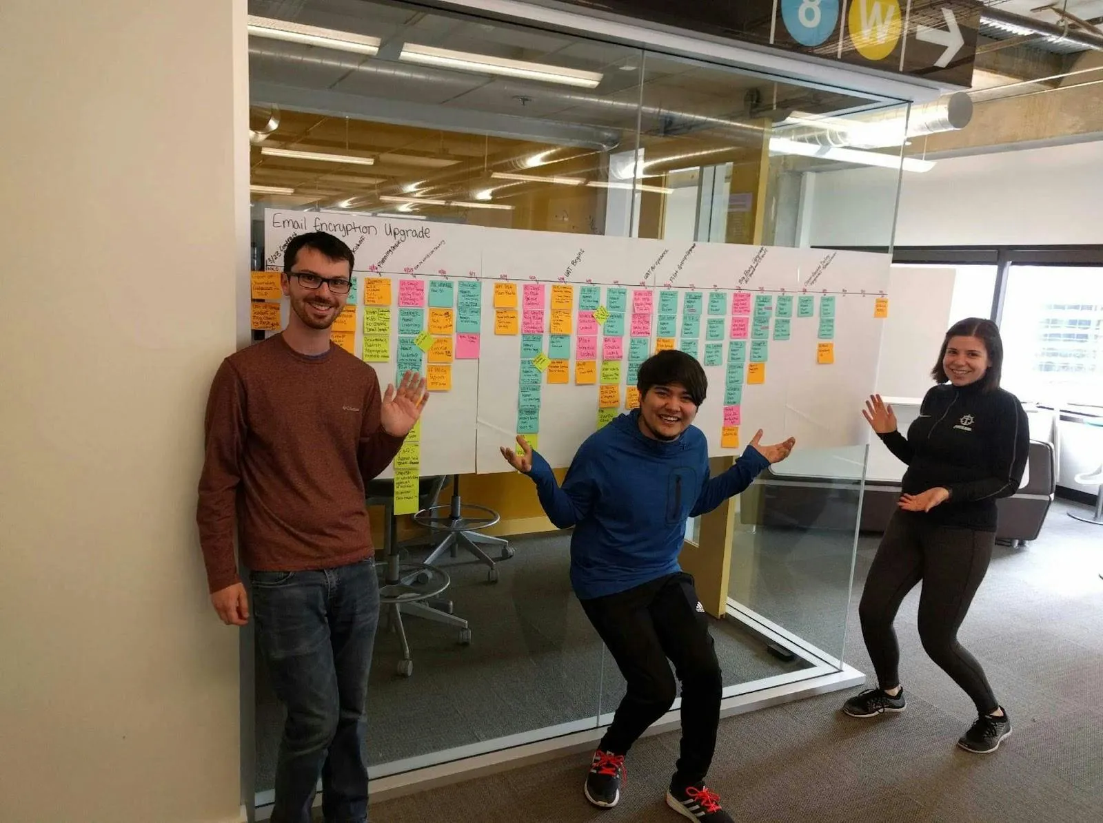 a picture of a project leader with project coordinators in front of a project board