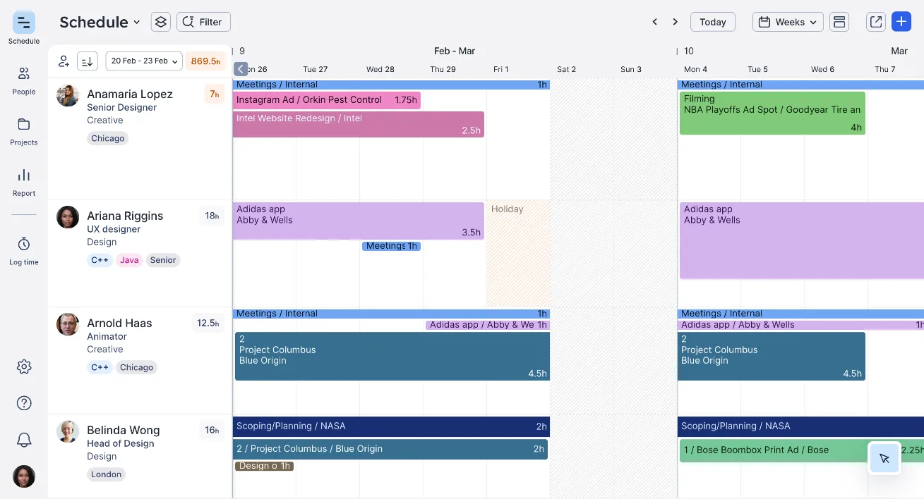 A team's schedule in Float