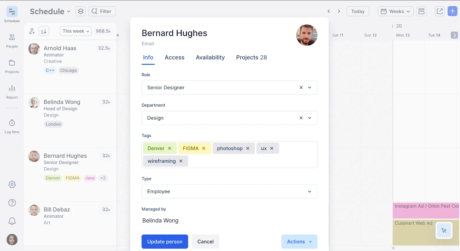 A page with people tags in Float showing a senior designer's skills