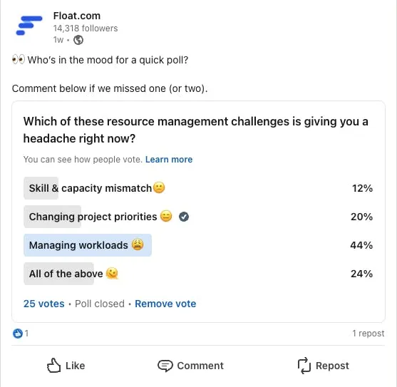 LinkedIn poll on 鶹 page showing resource management challenges