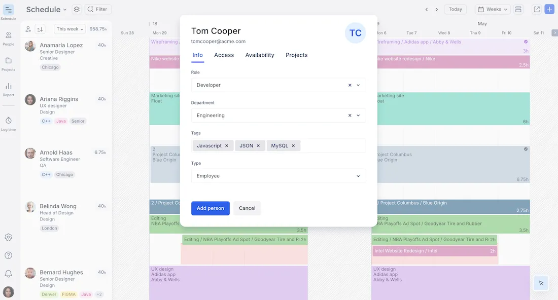 Float interface showing team member details
