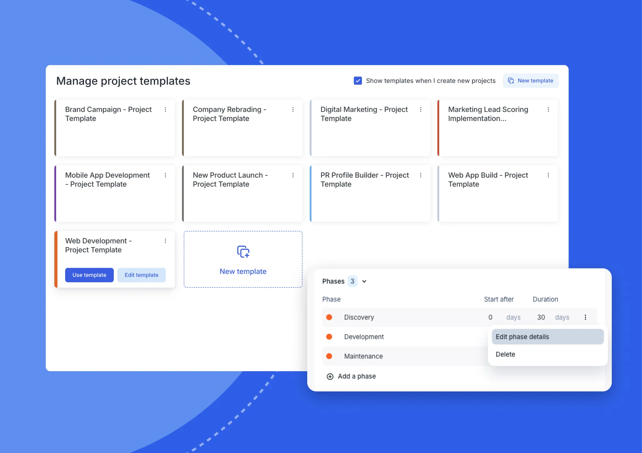 Float project template with phase details