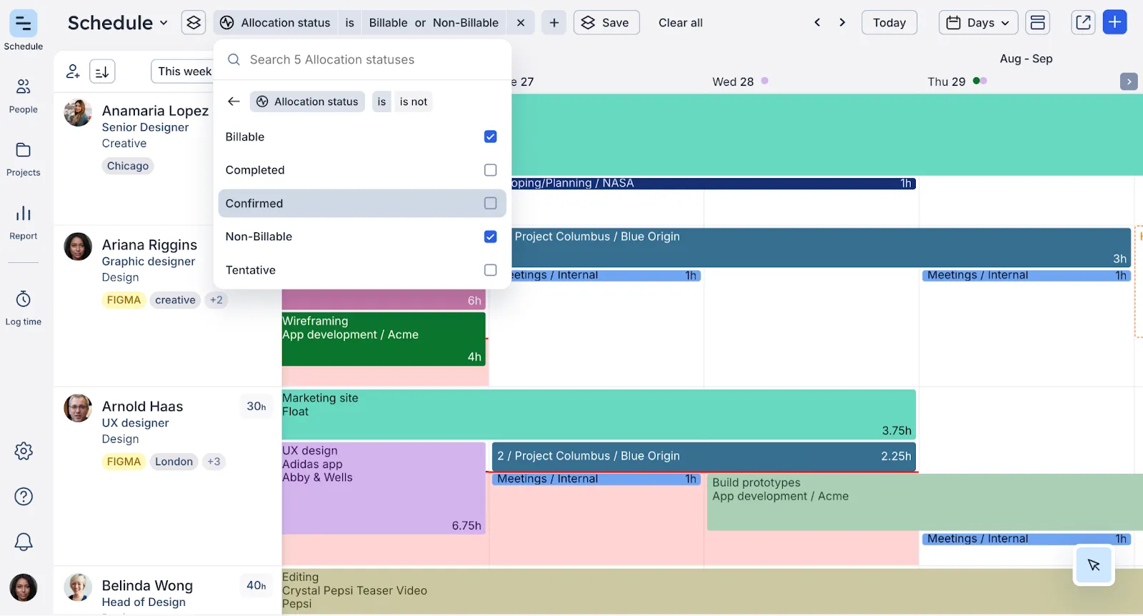 Schedule in 鶹 showing filter set to "allocation status is non-billable"