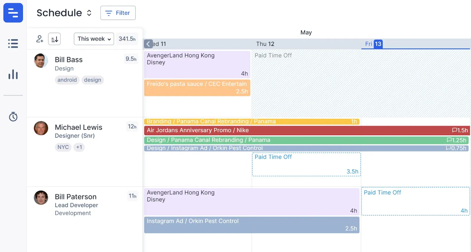 An example view of project schedule in 鶹 where you can see team members assigned to tasks and when they have booked time off