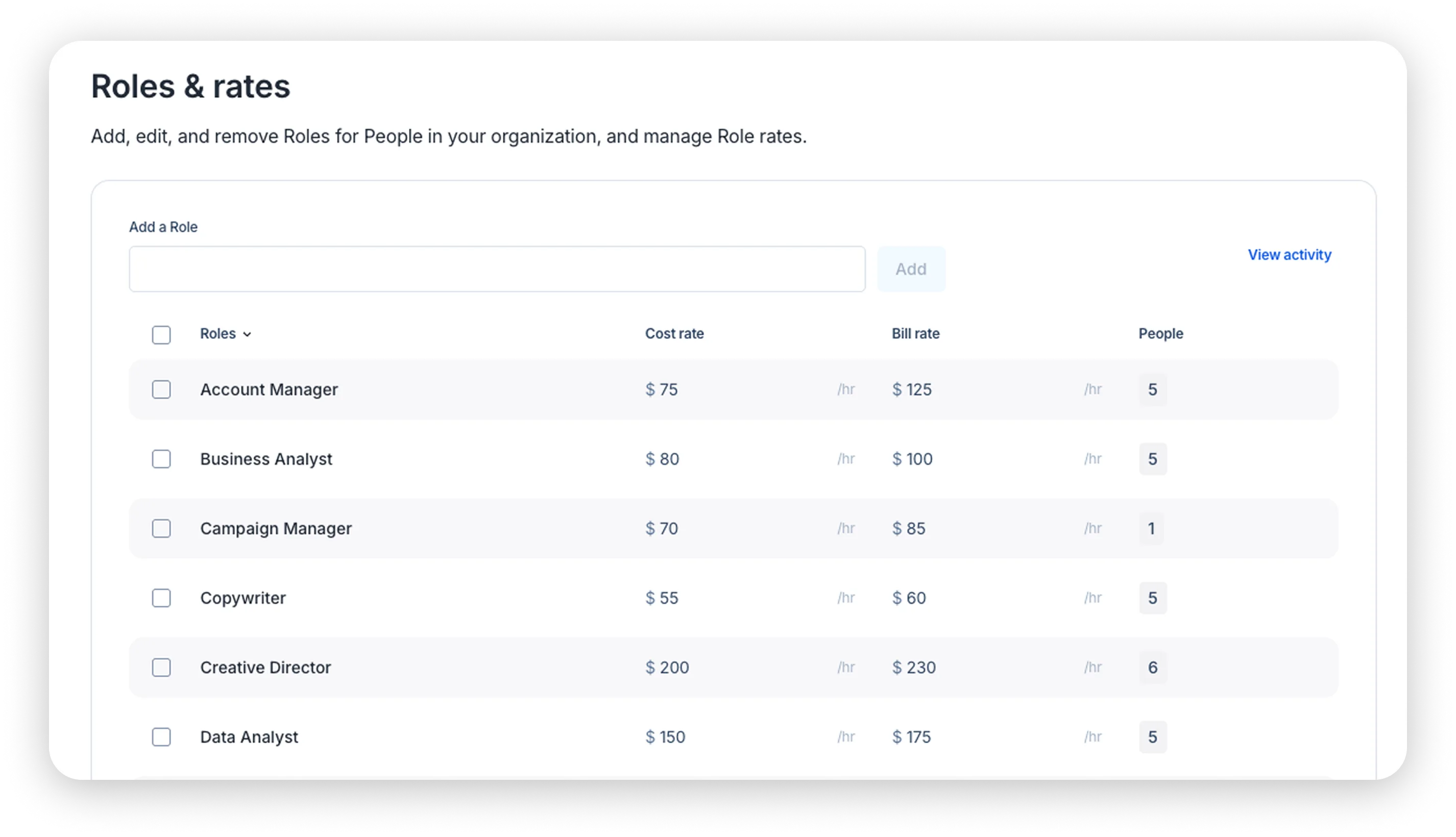 A screenshot of Float's role rates page where users can associate cost rates and bill rates for various roles in their professional services organization