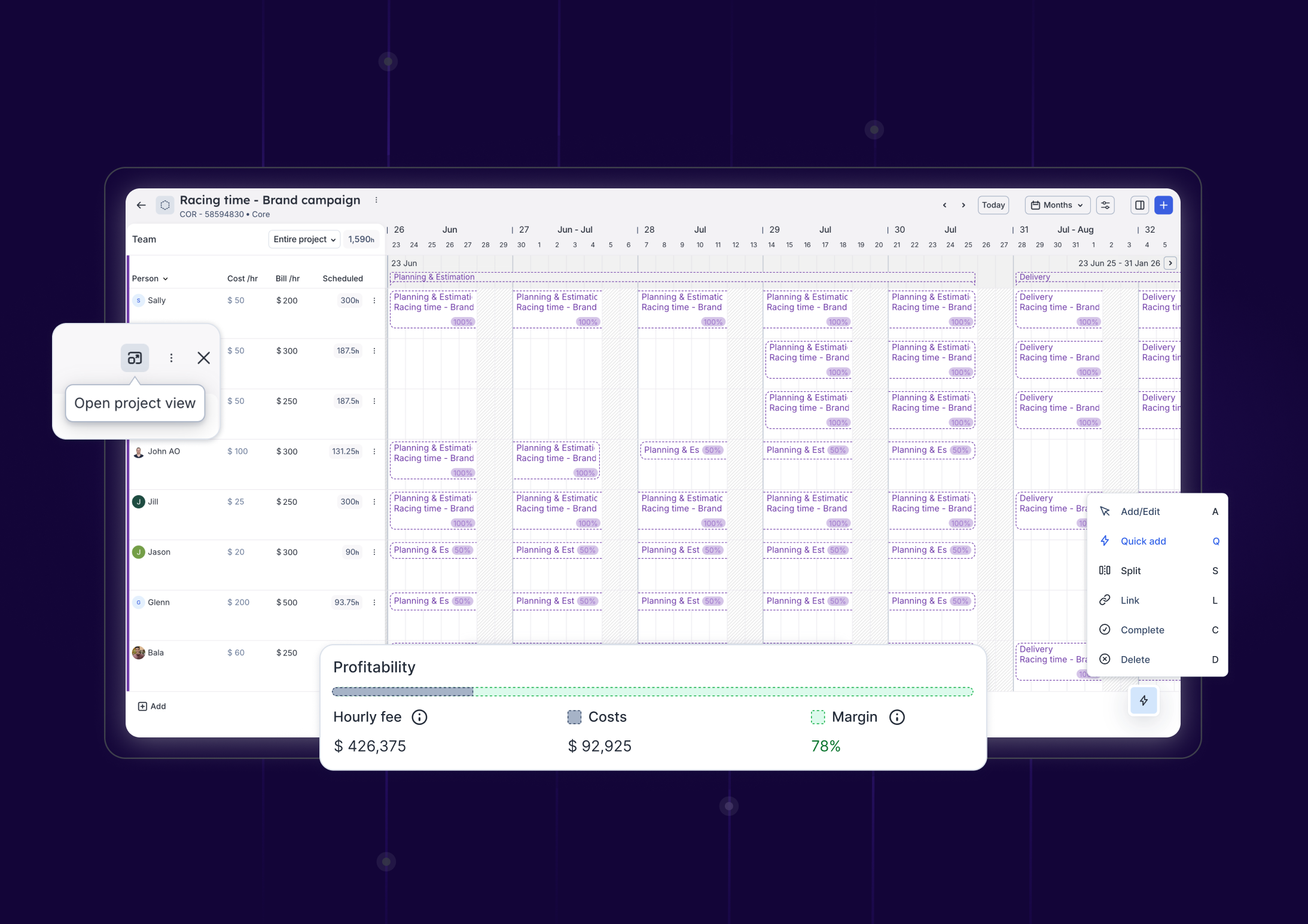 Float's project view screen showing several draft allocations and profitability estimations based on those allocations
