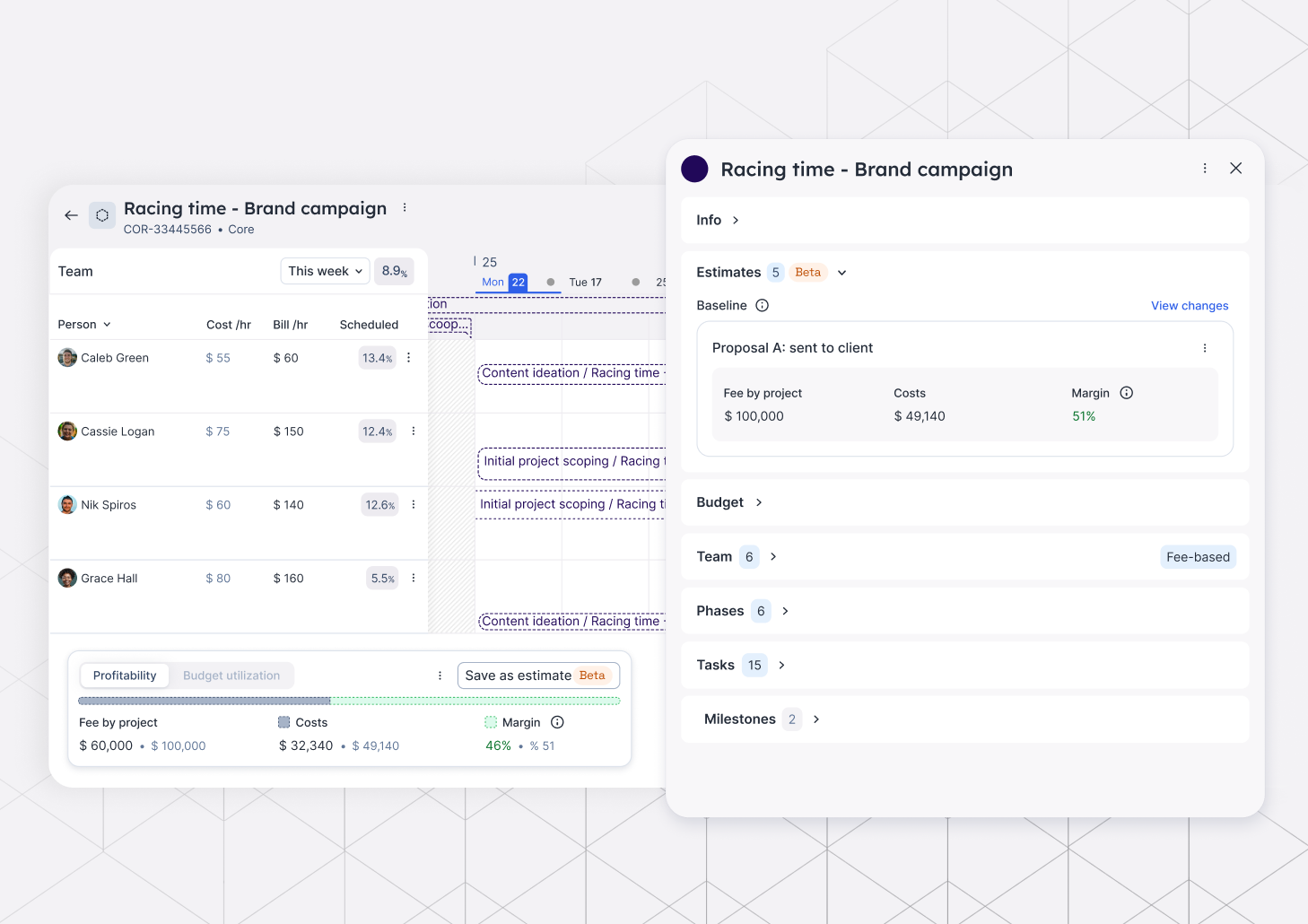 A stylized product visual showing a saved estimate in Float alongside the estimates profitability and margin overview bar. 