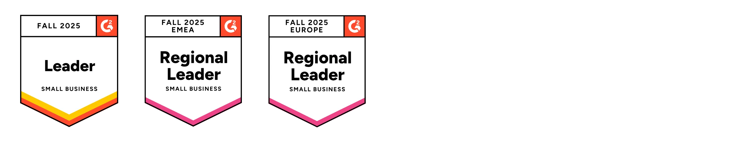 An image of 鶹's G2 badges for resource management including small business leader, regional leader in small business EMEA, regional leader in small business Europe