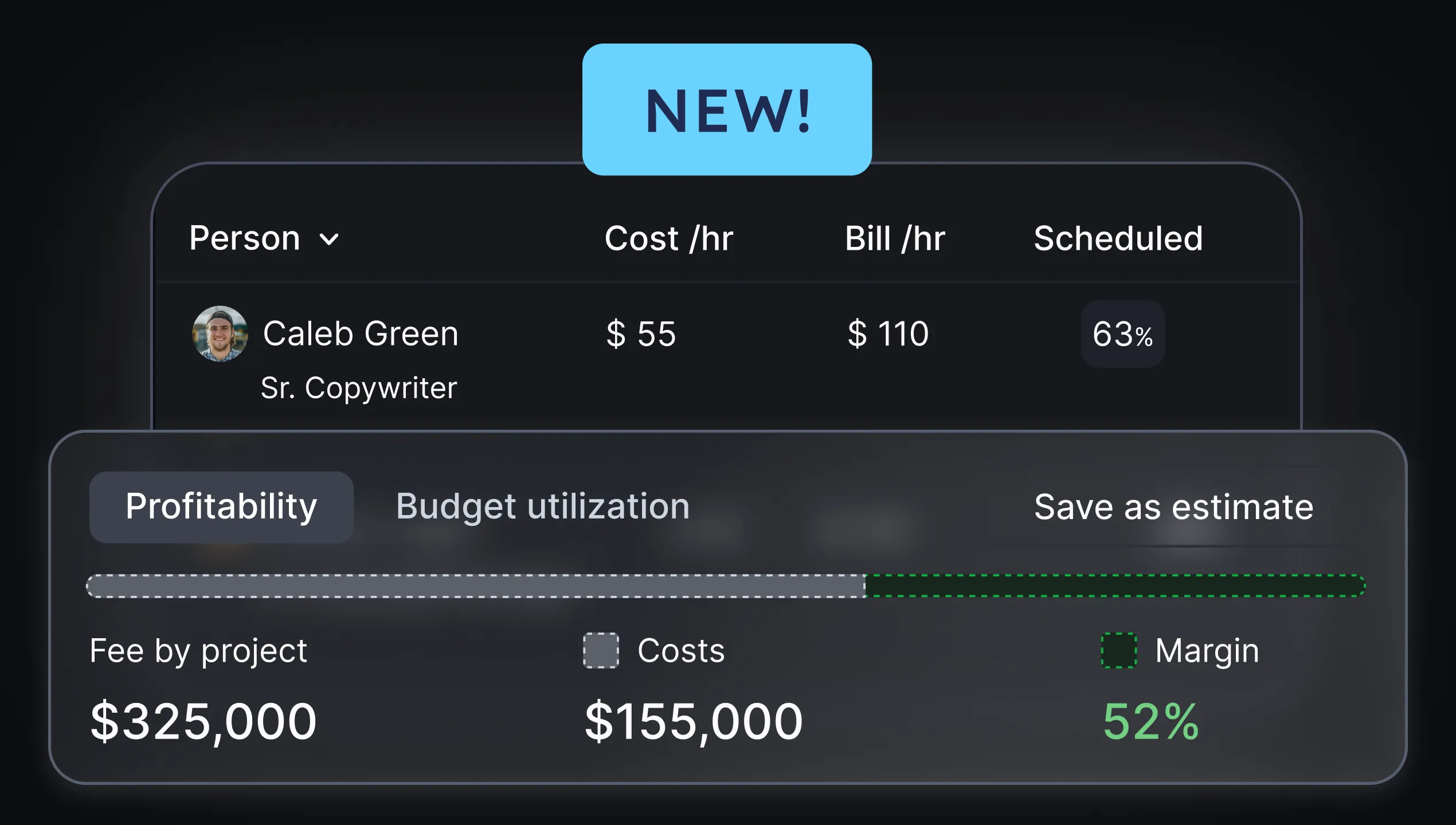 Visual showing saved project estimates with fee, costs, and margin