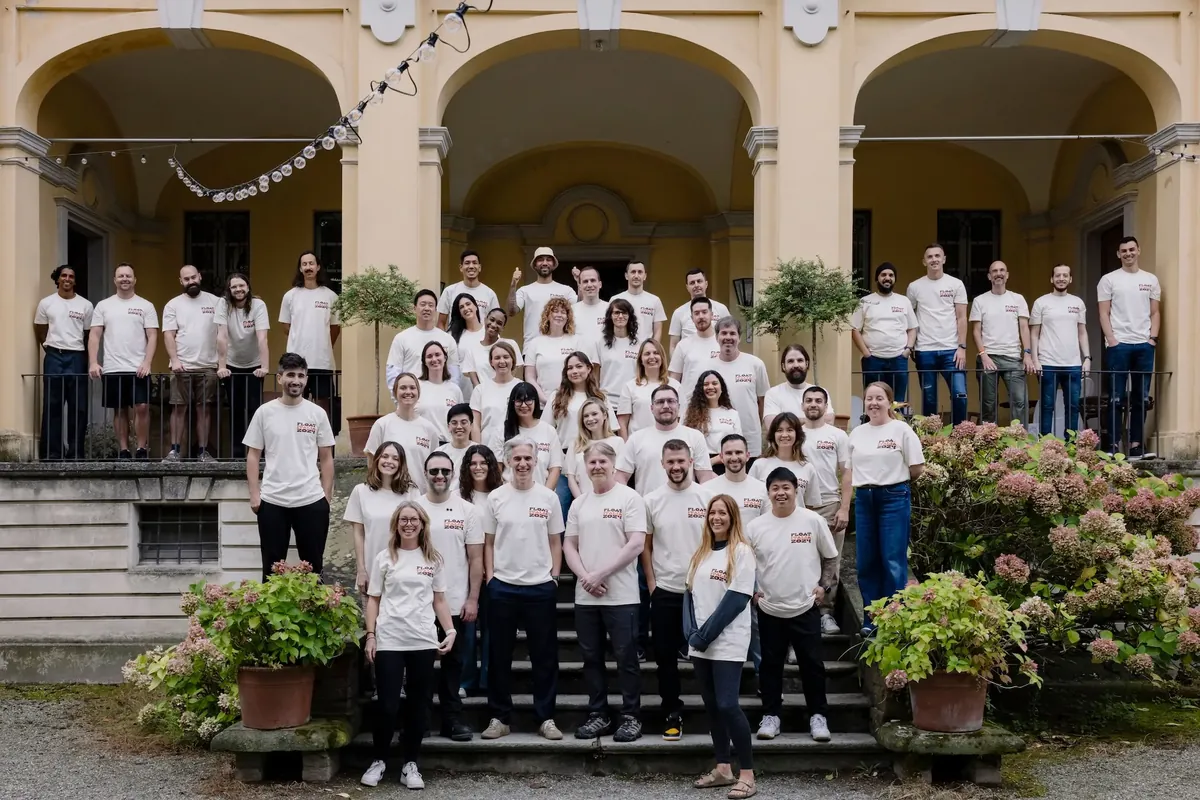 Float team standing on the steps in Italy