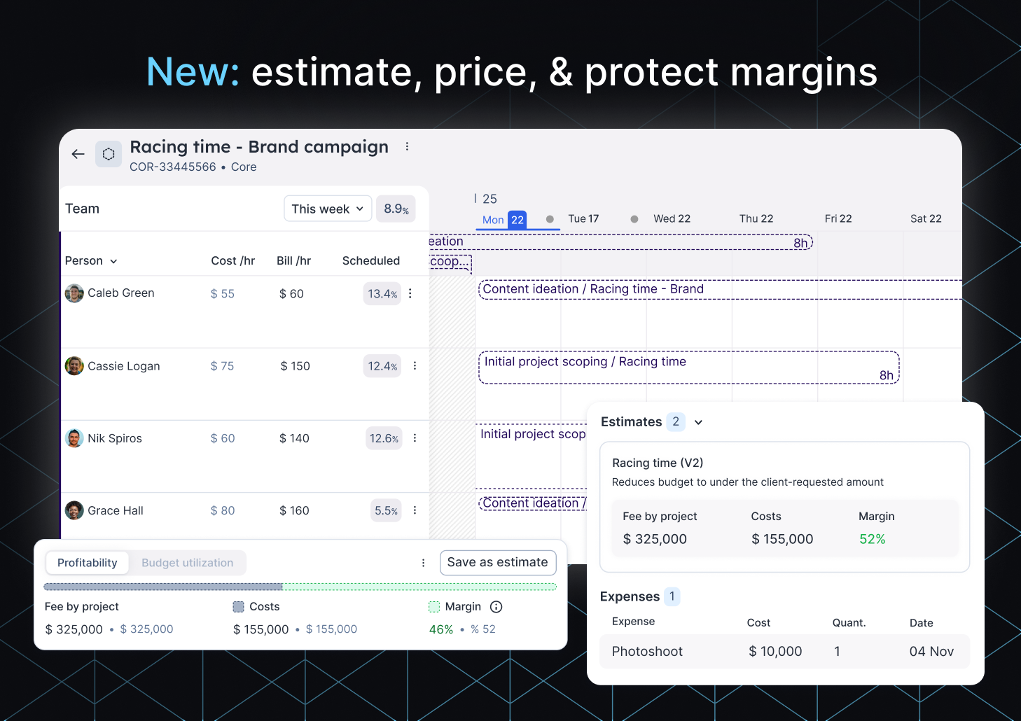 An image showing the finance and estimation features in 17AV where you can estimate project work, price out the cost or resourcing, and review and protect margins.