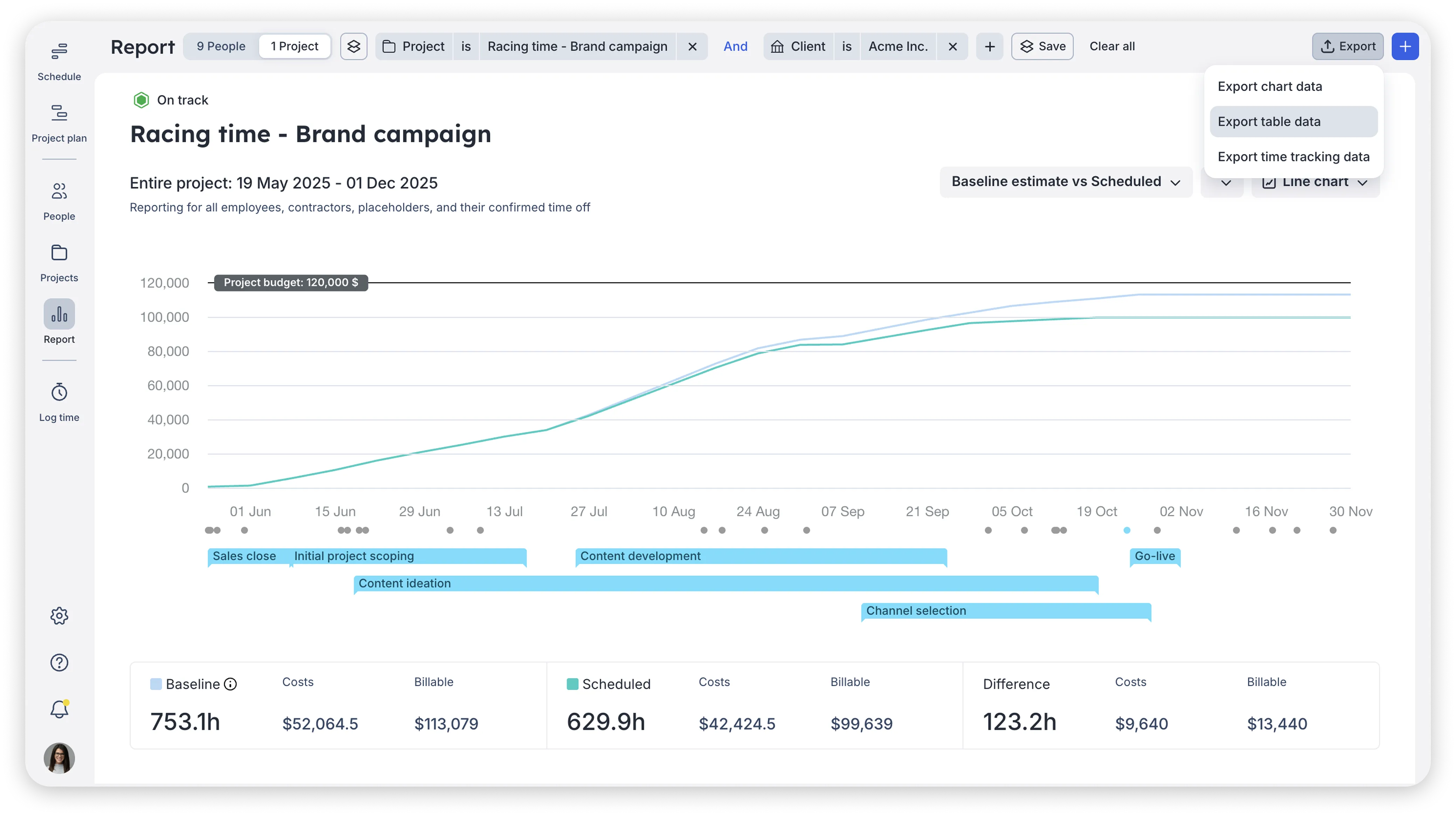 A screenshot showing where you can export table data to a CSV that includes the details collected from your baseline estimate.