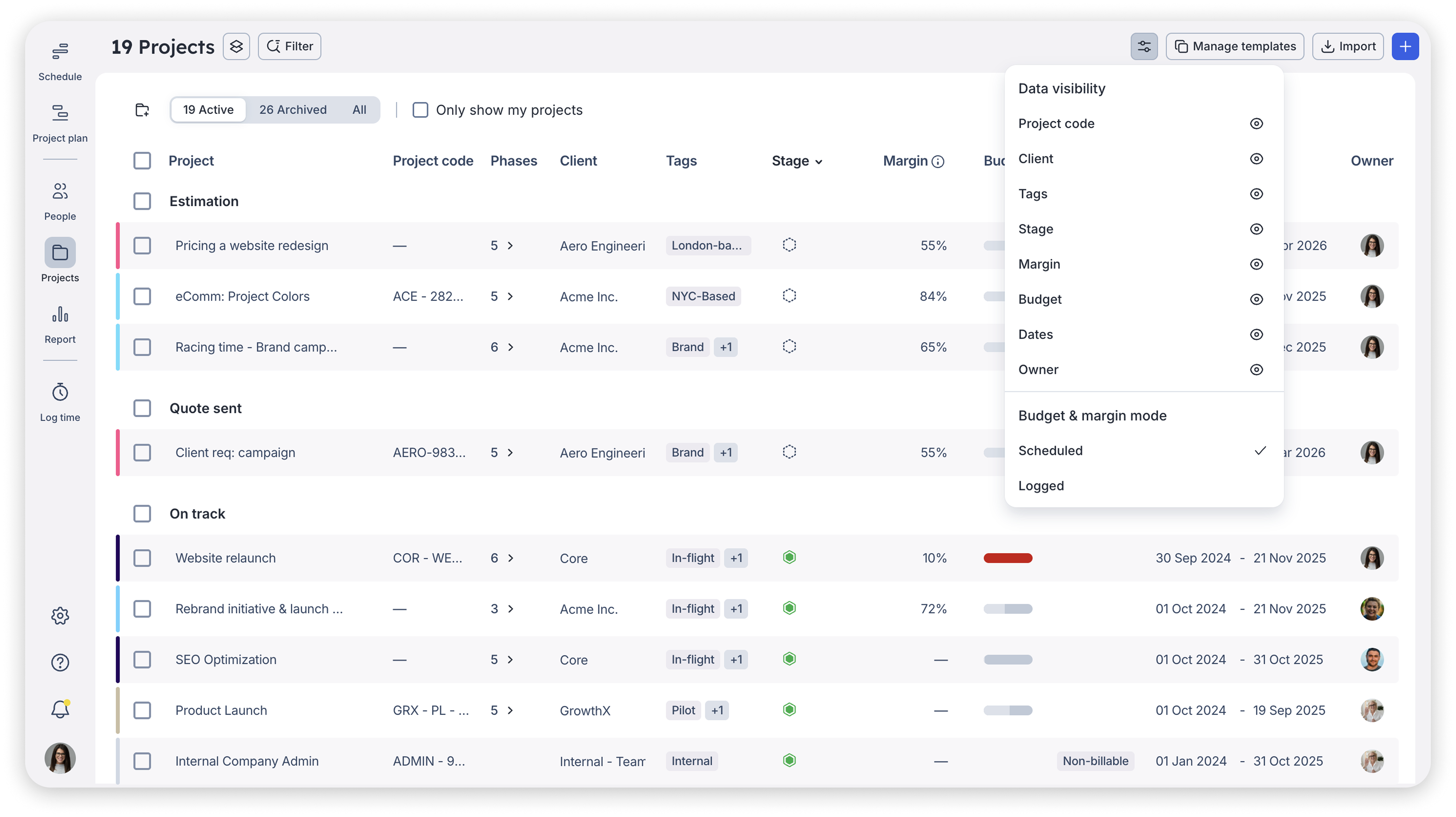 A screenshot showing the projects page in 17AVÍø, highlighting the margin column as well as the ability to show and hide columns as needed.