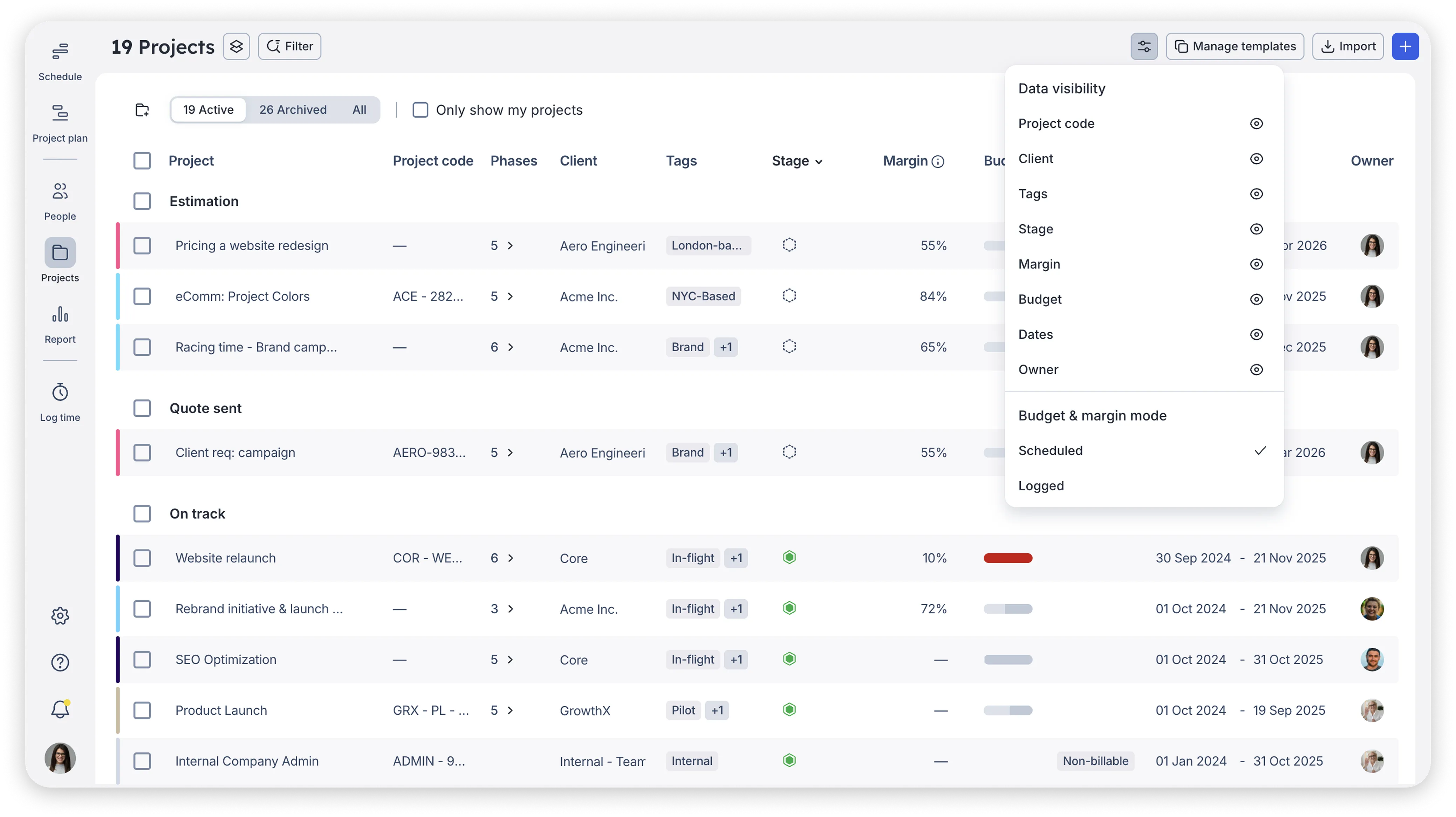 A screenshot showing the projects page in 鶹, highlighting the margin column as well as the ability to show and hide columns as needed.