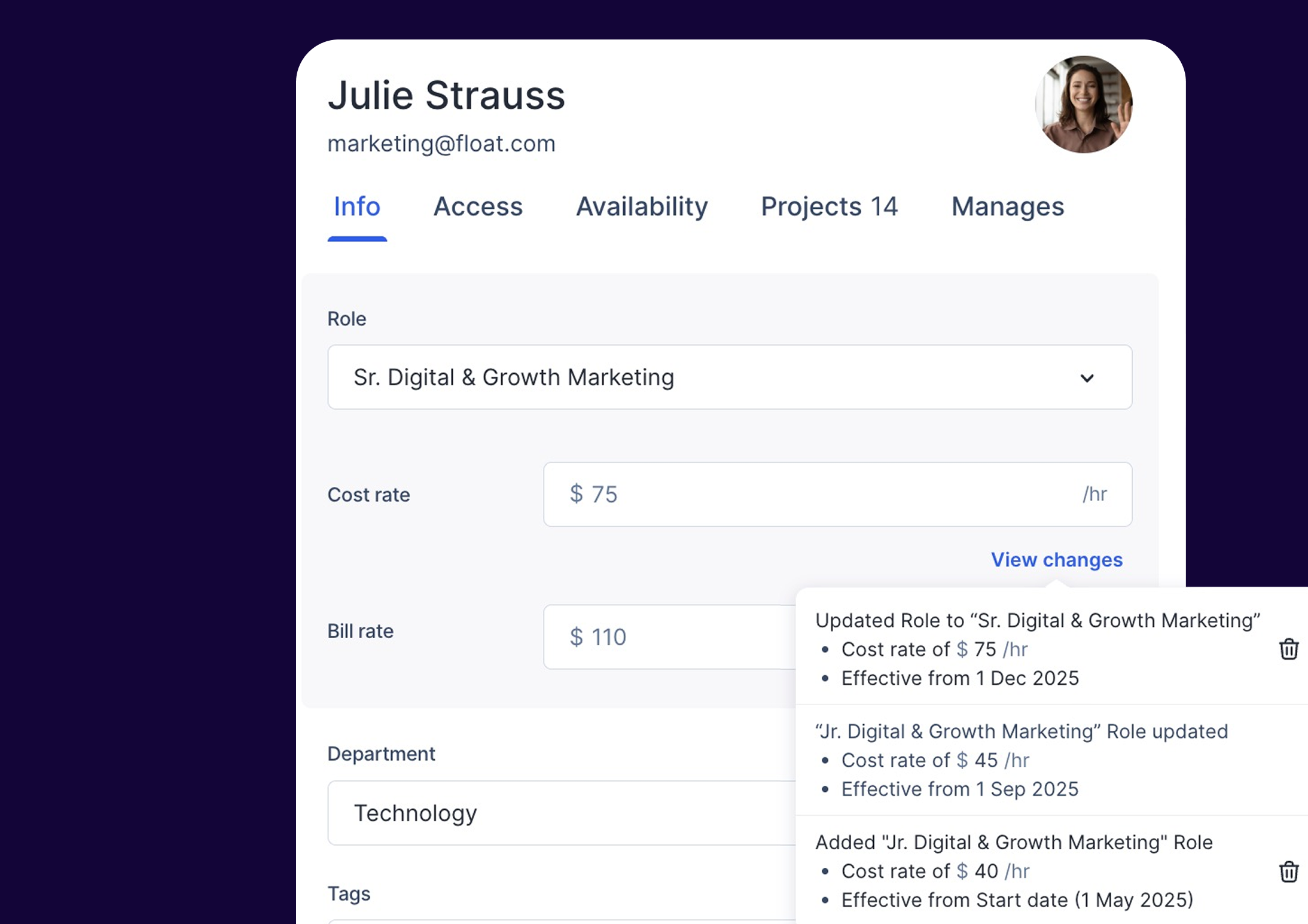 A screenshot of the Info tab of a person't profile with role and cost rates history under View changes button.