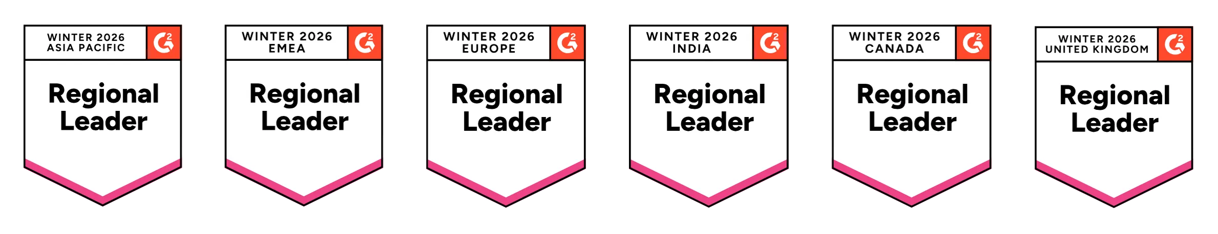 An image showing 鶹's winter 2026 badges from G2 including Asia-Pacific Regional Leader, EMEA Regional Leader, Europe Regional Leader, India Regional Leader, Canada Regional Leader, and United Kingdom Regional Leader.