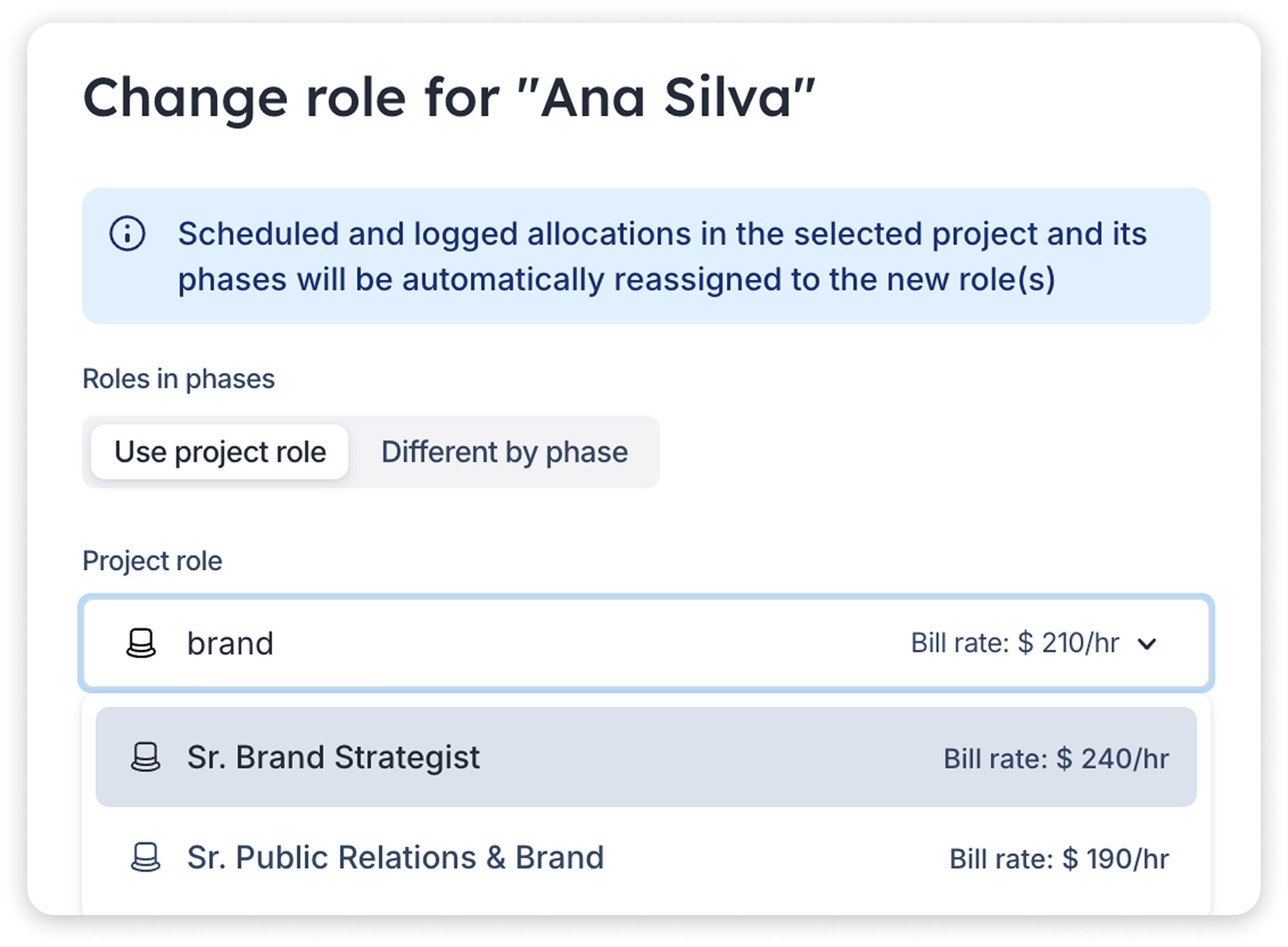 Change the role screen for updating the person's project role at Float.
