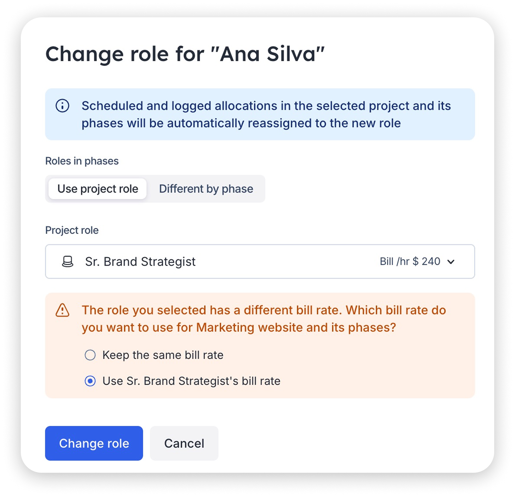 Change role screen at Float, with a warning message for selecting which rates to use - keeping the same or applying the new role's rates.