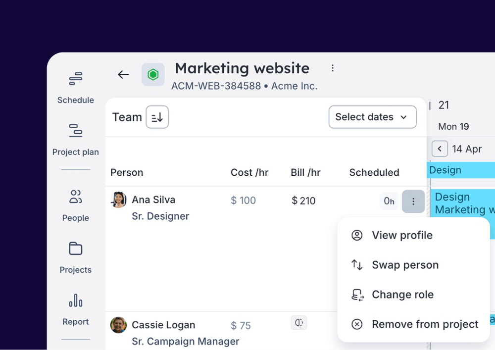 A screenshot of the Float's project view with the team member's action menu opened.
