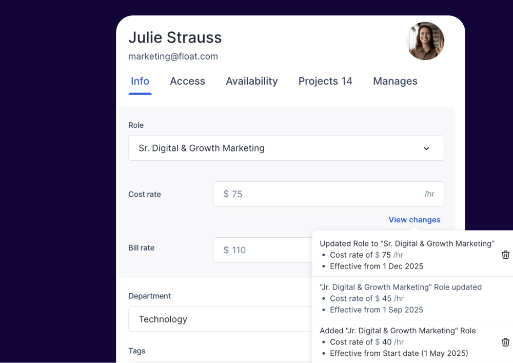A screenshot of the Info tab of a person't profile with role and cost rates history under View changes button.