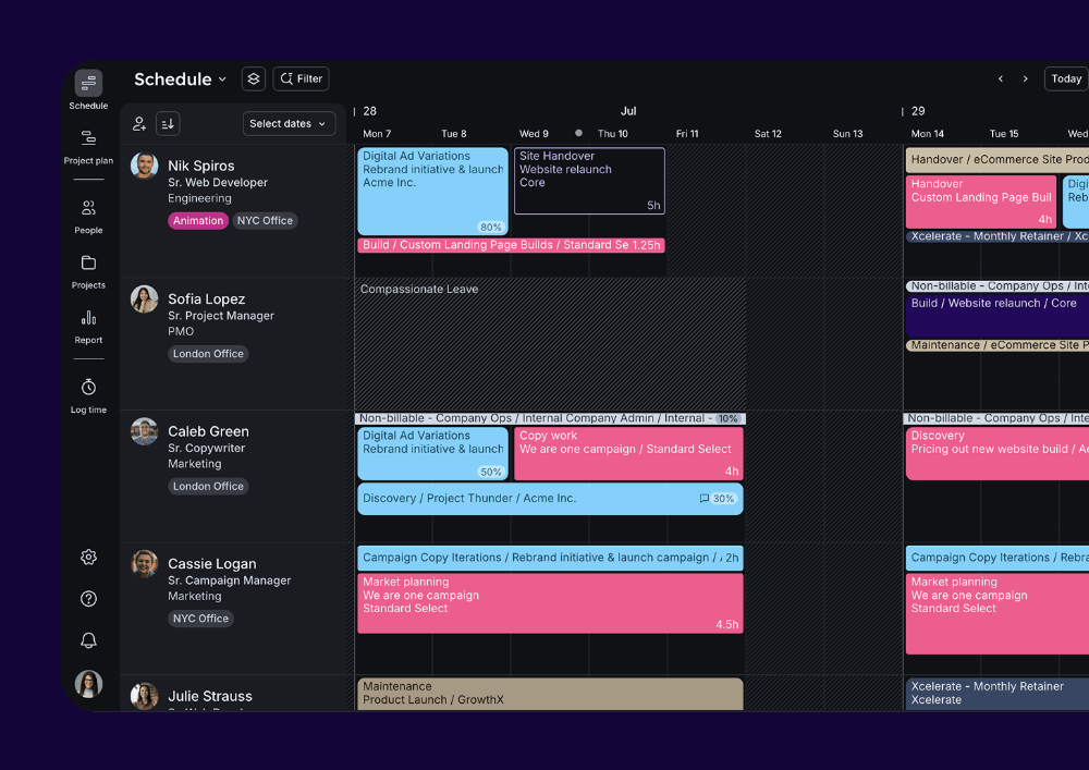 A product screenshot that shows the Float Schedule in dark mode