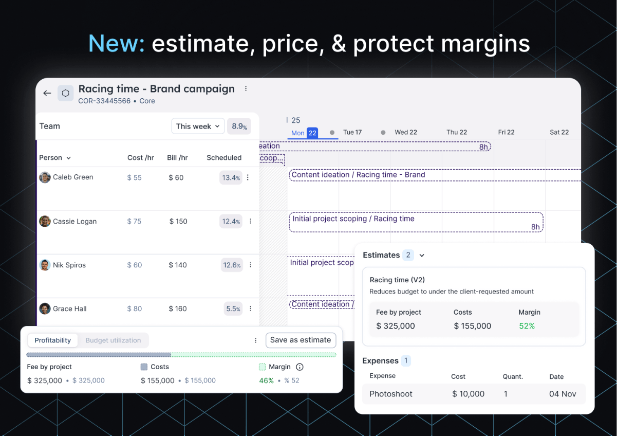 An image showing the finance and estimation features in Float where you can estimate project work, price out the cost or resourcing, and review and protect margins.