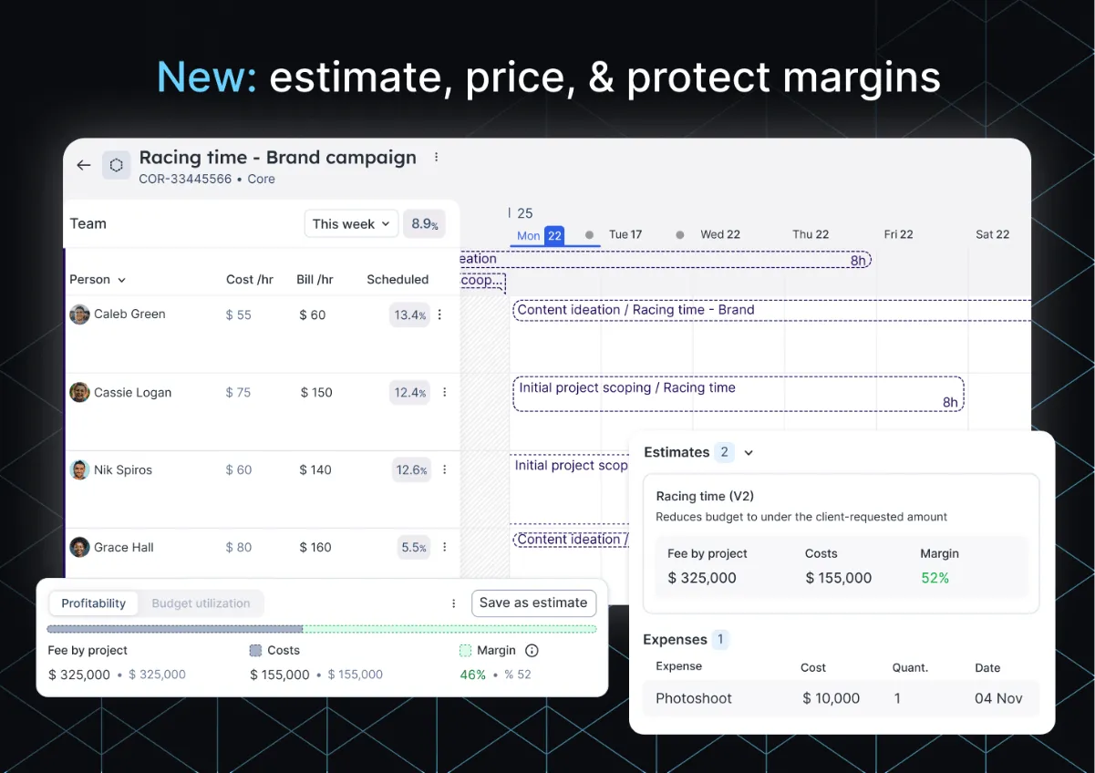 An image showing the finance and estimation features in �鶹���� where you can estimate project work, price out the cost or resourcing, and review and protect margins.
