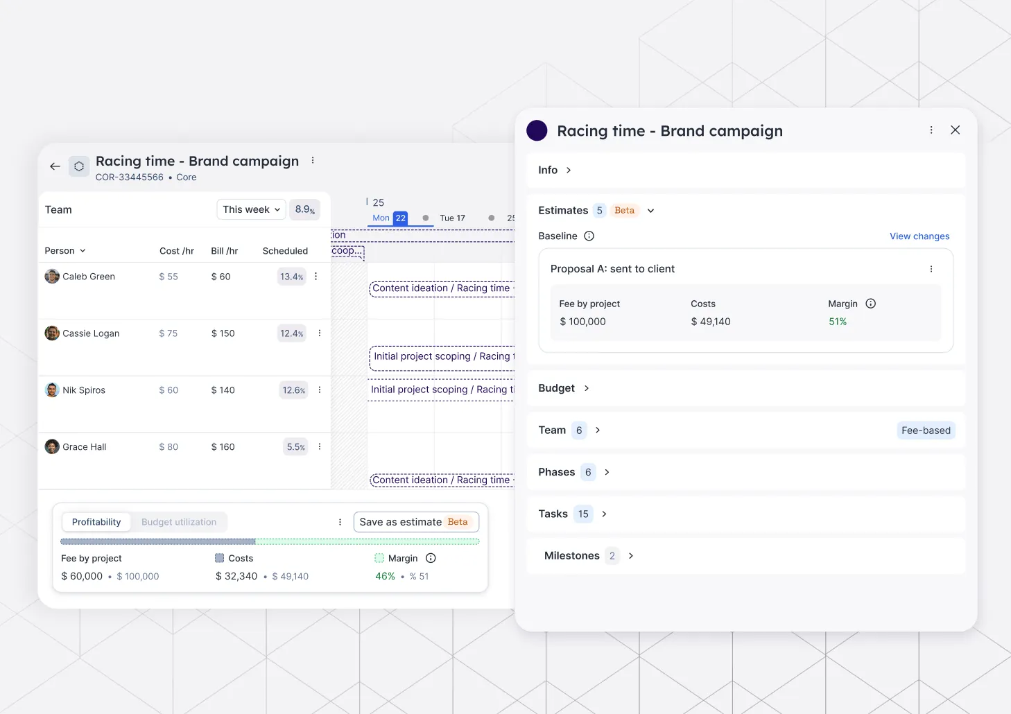 A stylized product visual showing a saved estimate in ����ɫ��Ƭ alongside the estimates profitability and margin overview bar. 