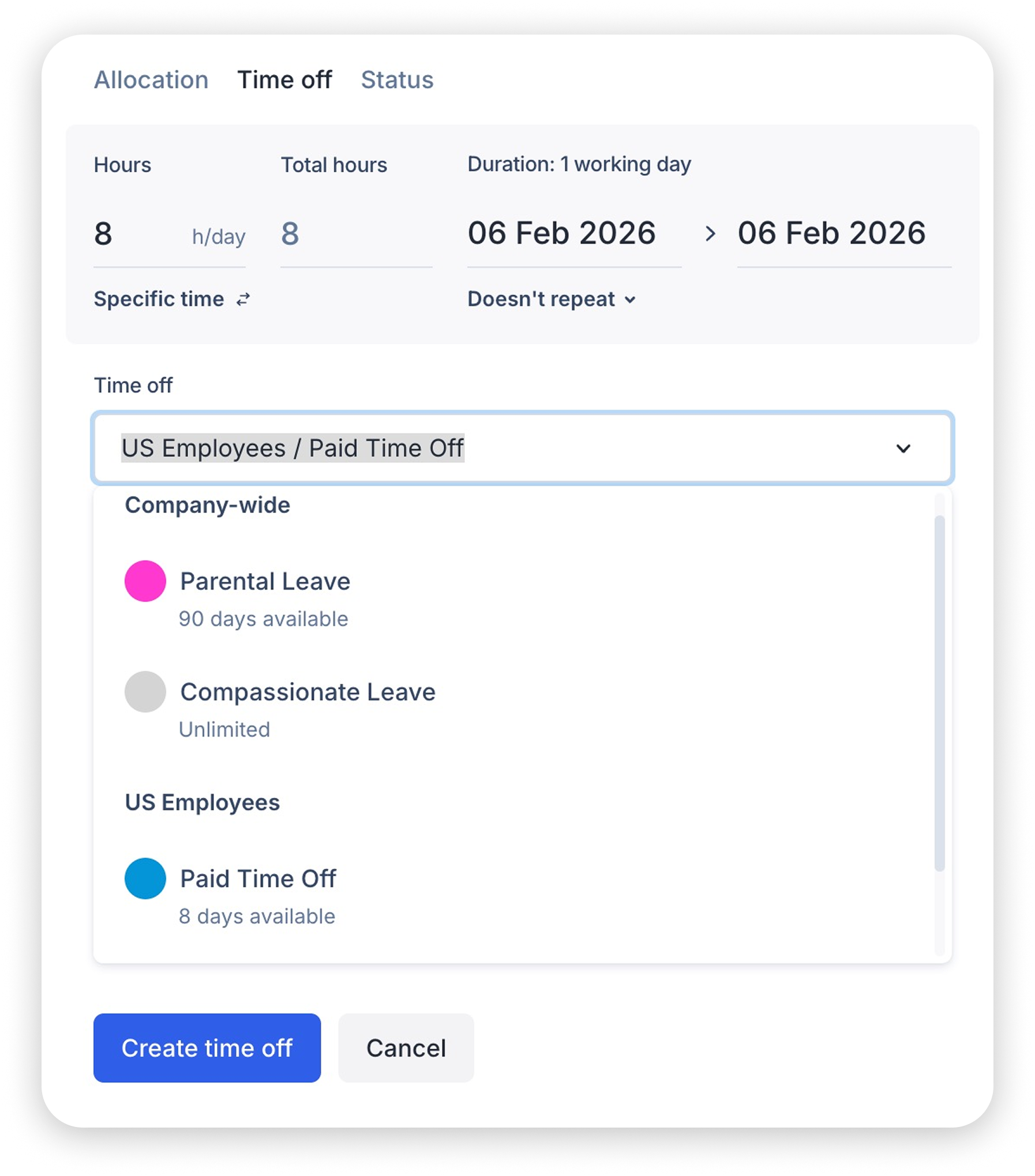 Scheduling time off selecting from the available time off types.